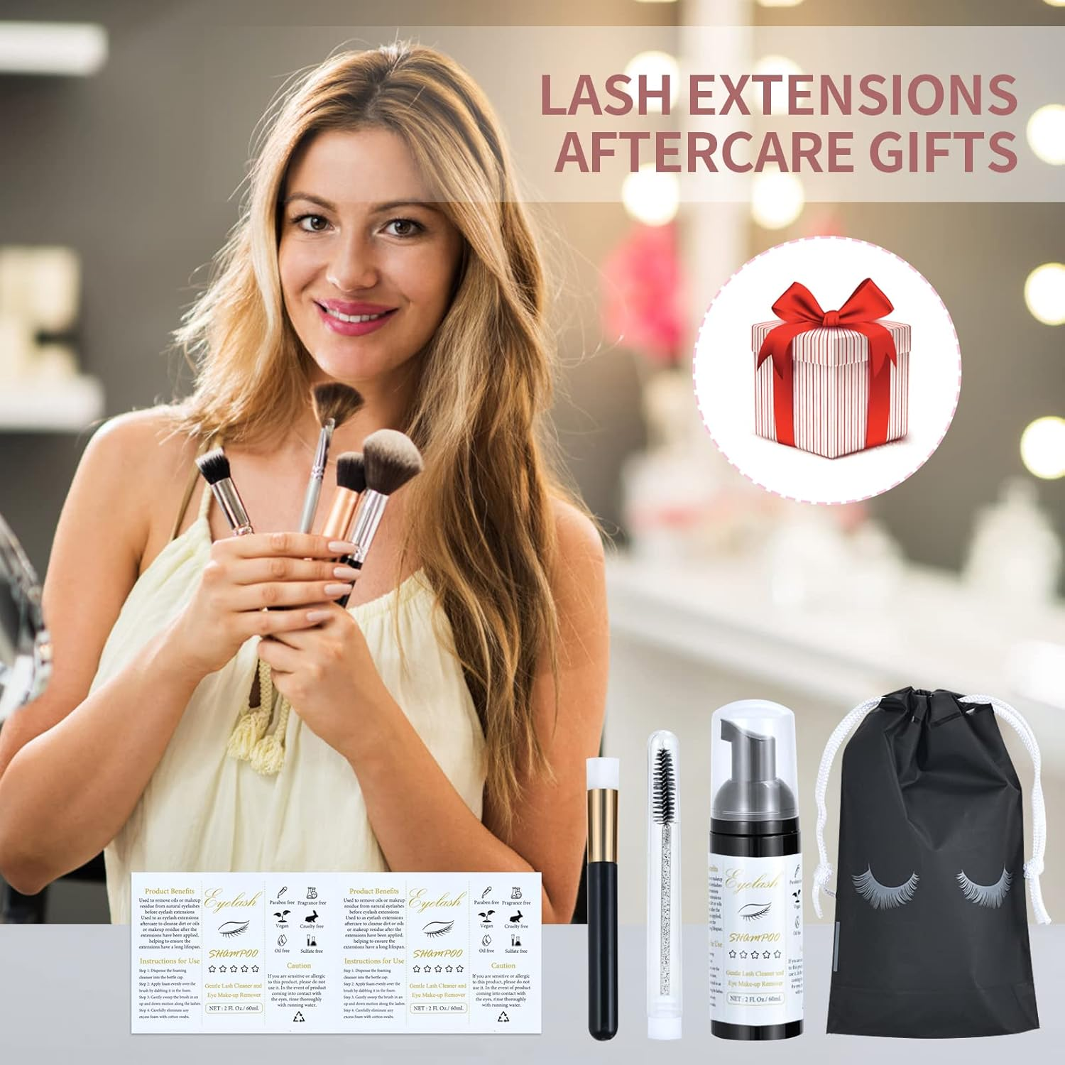 50 Pcs Lash Shampoo Bottle Brushes Set, Empty Lash Shampoo Bottles, Lash Shampoo Label Stickers, Mascara Wands and Tubes Eyelash Brush, Lash Cleansing Brushes, Bag for Lash Extensions Aftercare(Black) - 100-Pink image number 3