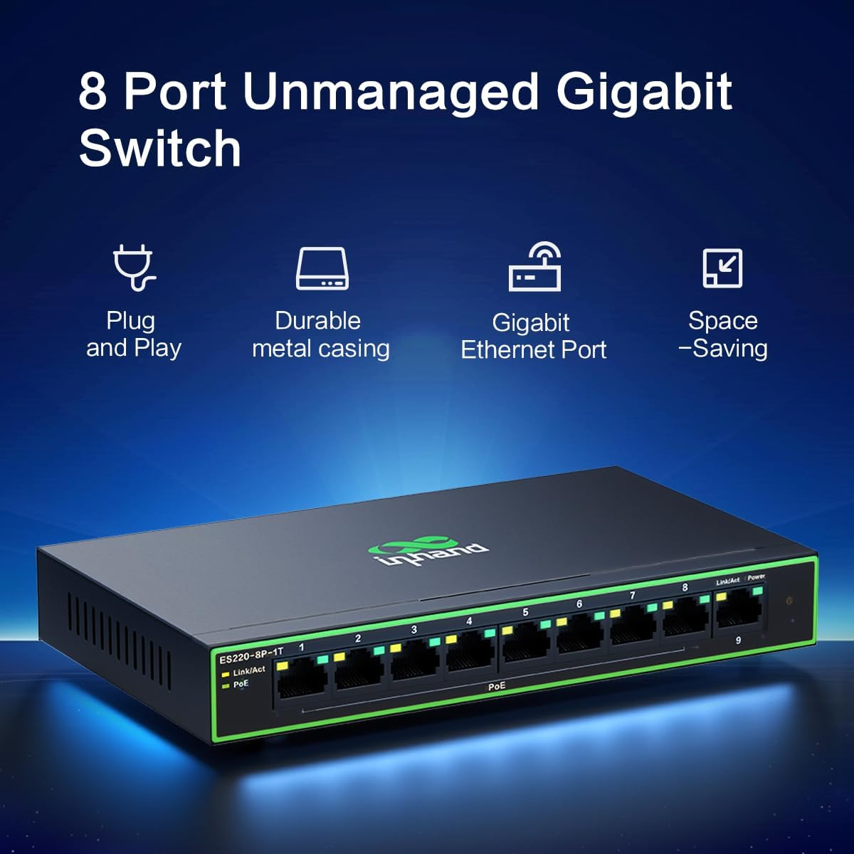 Inhand Networks Gigabit Ports Network Switch, 9 Gigabit Ports Ethernet Swtch with 8 Poe+ Ports Max.120W,Each Port up to 30W, Plug & Play, High Heat Dissipation Metal Case with AU Power Plug