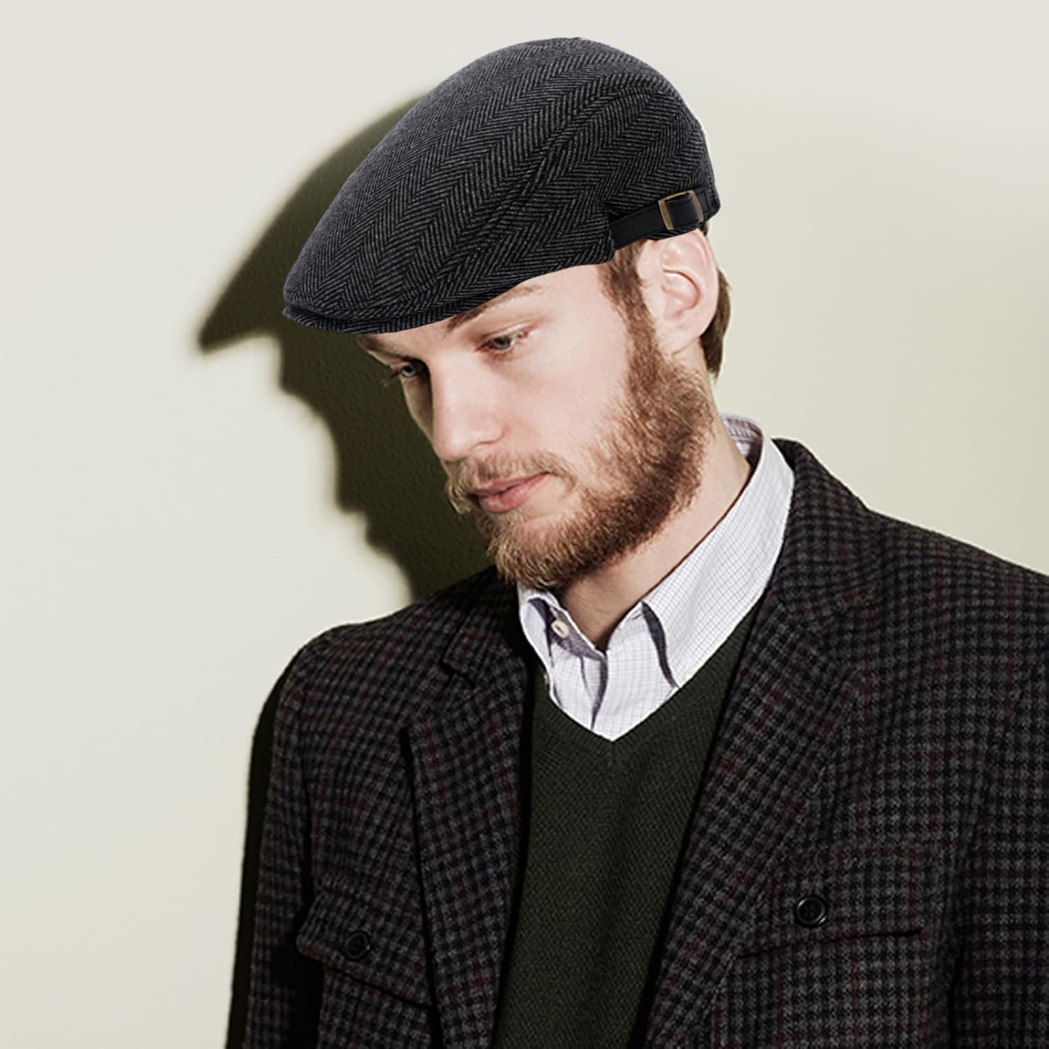 Junha Newsboy Cap,Beret Cap,Men'S Flat Cap,Classic Wool Blend Herringbone Flat Cap Driver Hat Adjustable Outdoor Winter Warm Cap for Men Women Boys Grey image number 2