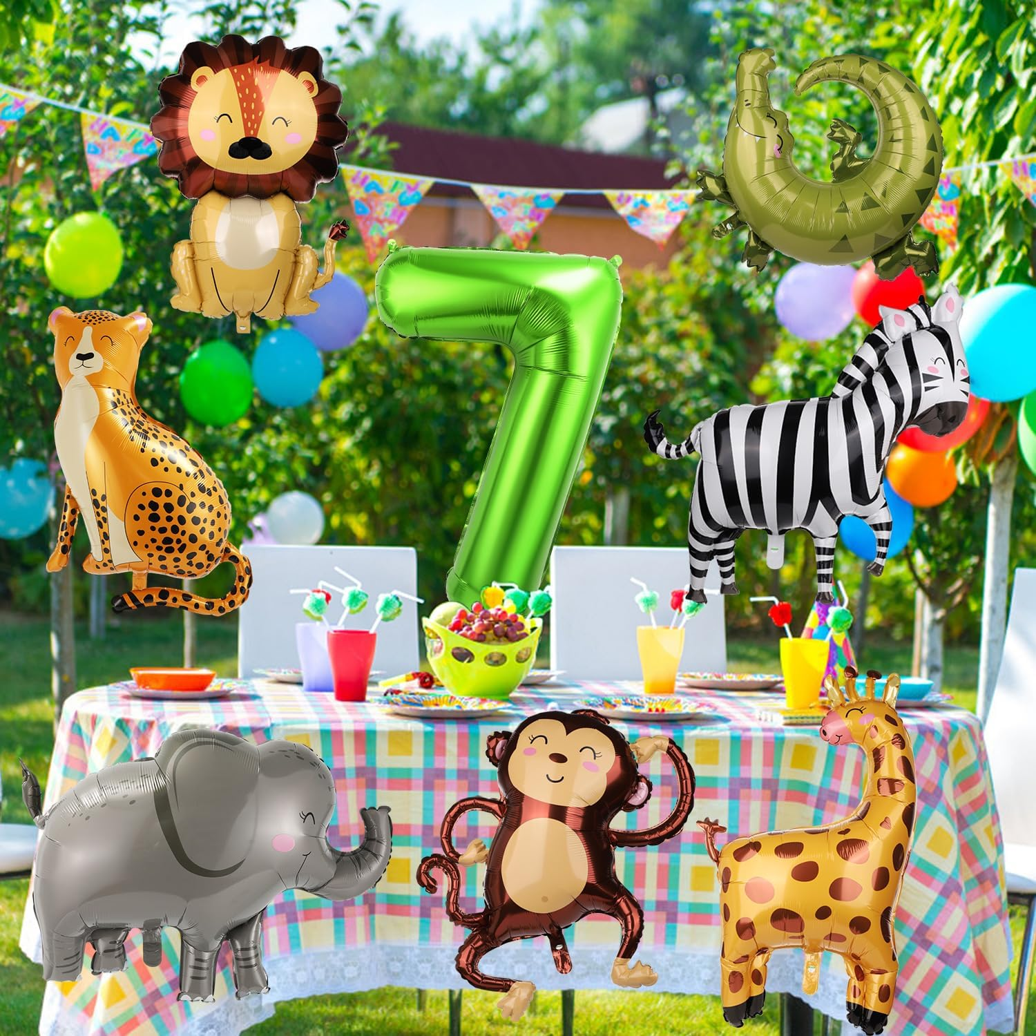 8Pcs Jungle Animal Balloons, Safari Animal Balloon Safari Animal Monkey Elephant Zebra Leopard Crocodile Giraffe Lion Balloons Birthday Number Balloons Zoo Party Decoration Supplies (Number 7)