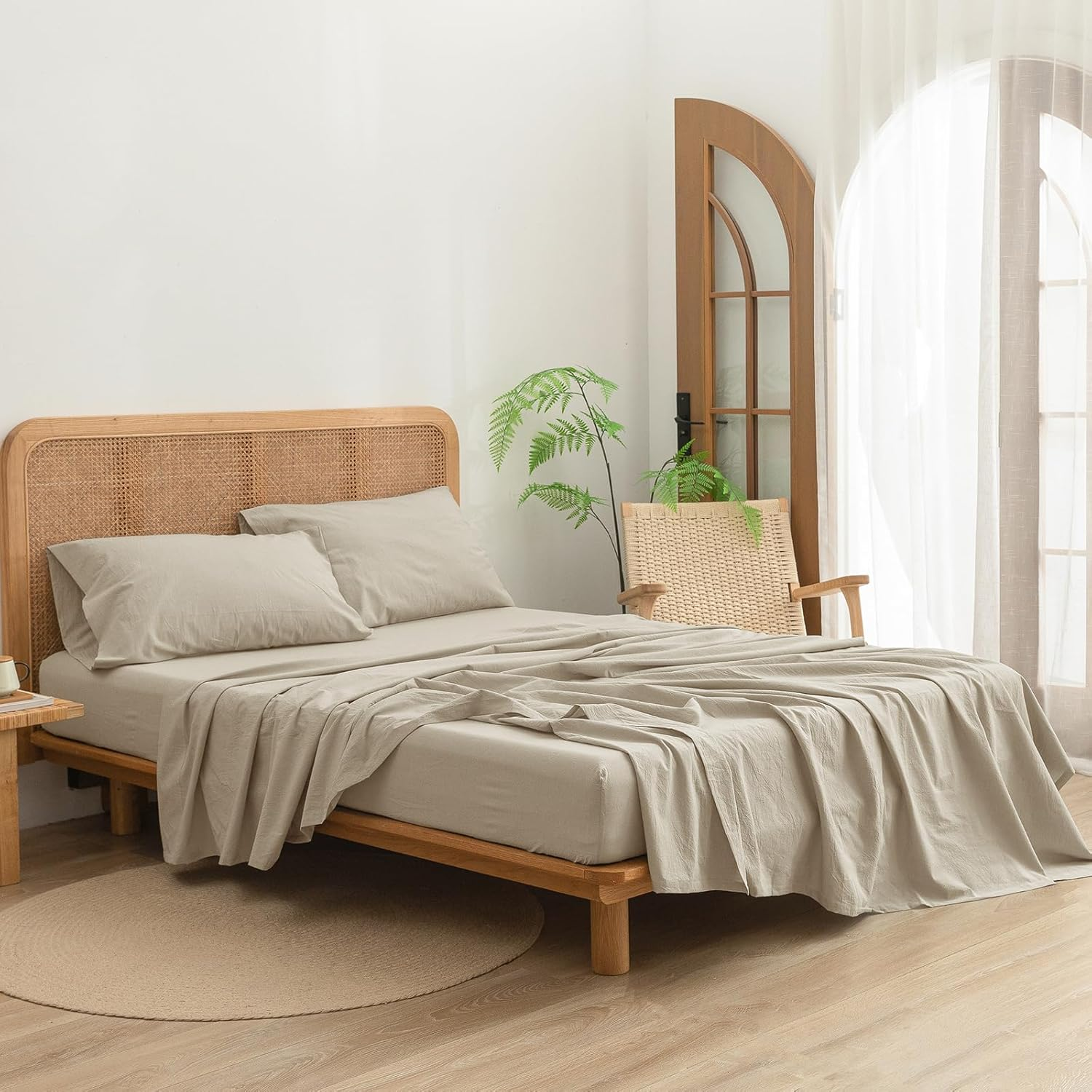 BESTOUCH Flat Sheet Only 100% Washed Cotton Linen Feel Wrinkle-Free, Fade-Resistant, Stain-Resistant, Bed Top Sheet, Solid Almond Milk Grey King image number 6