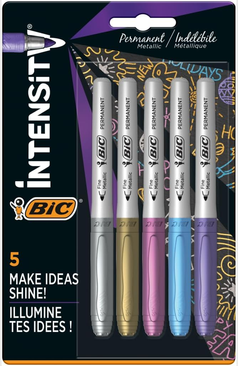 BIC Metallic Permanent Markers - Pack of 5 - Variety of Metallic Colours - for Dark and Light Surfaces - Low Odour image number 3