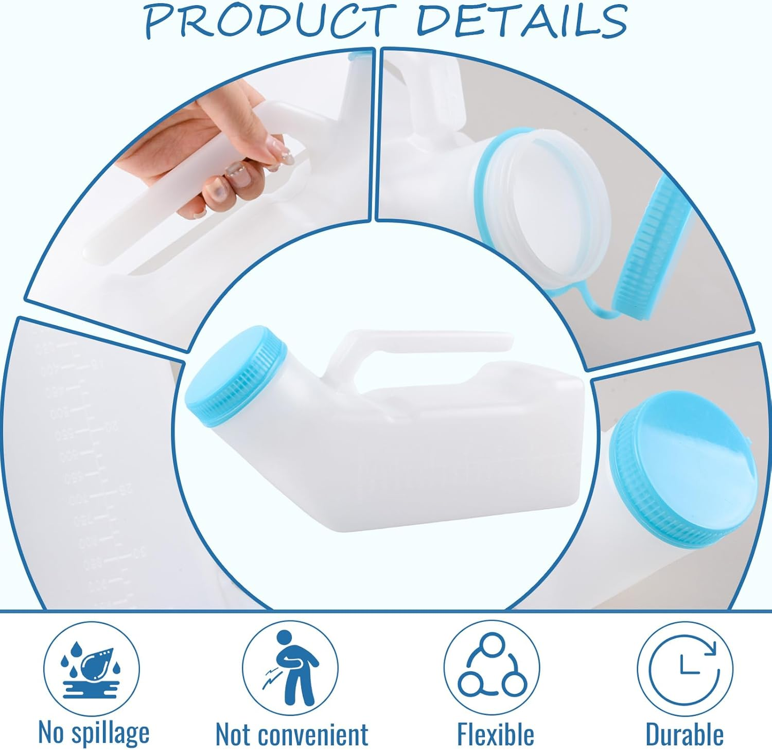 Urinals for Men with Translucent Lid,Portable Urinal for Men 32 Oz/ 1000 Ml Urine Bottle with Lid Large Capacity Clear Measuring Scale No Spill Design Convenient Hygienic Nighttime Use Elderly Friendly Handle Lightweight Durable Urinals for Men