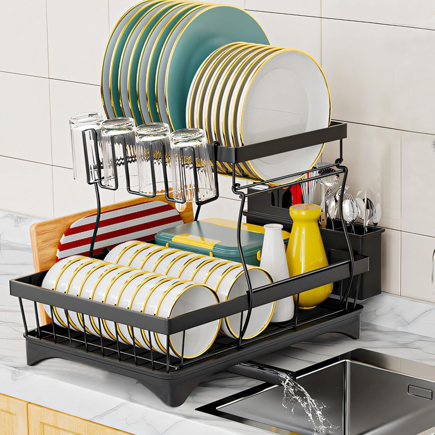 2-Tier Dish Drying Rack &ndash; Heavy-Duty Dish Drainer with 360&deg; Rotating Drainage System, Space-Saving Kitchen Storage & Organization, Black image number 6