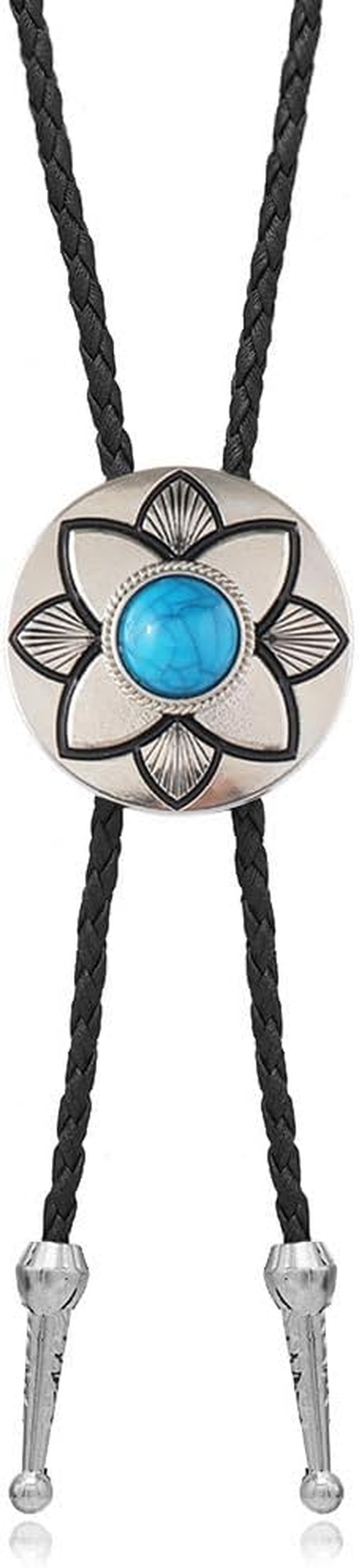 Vintage Turquoise Bolo Tie for Men - Western Cowboy Colored Oval Bola Necktie Retro Leather Necklace for Men Women