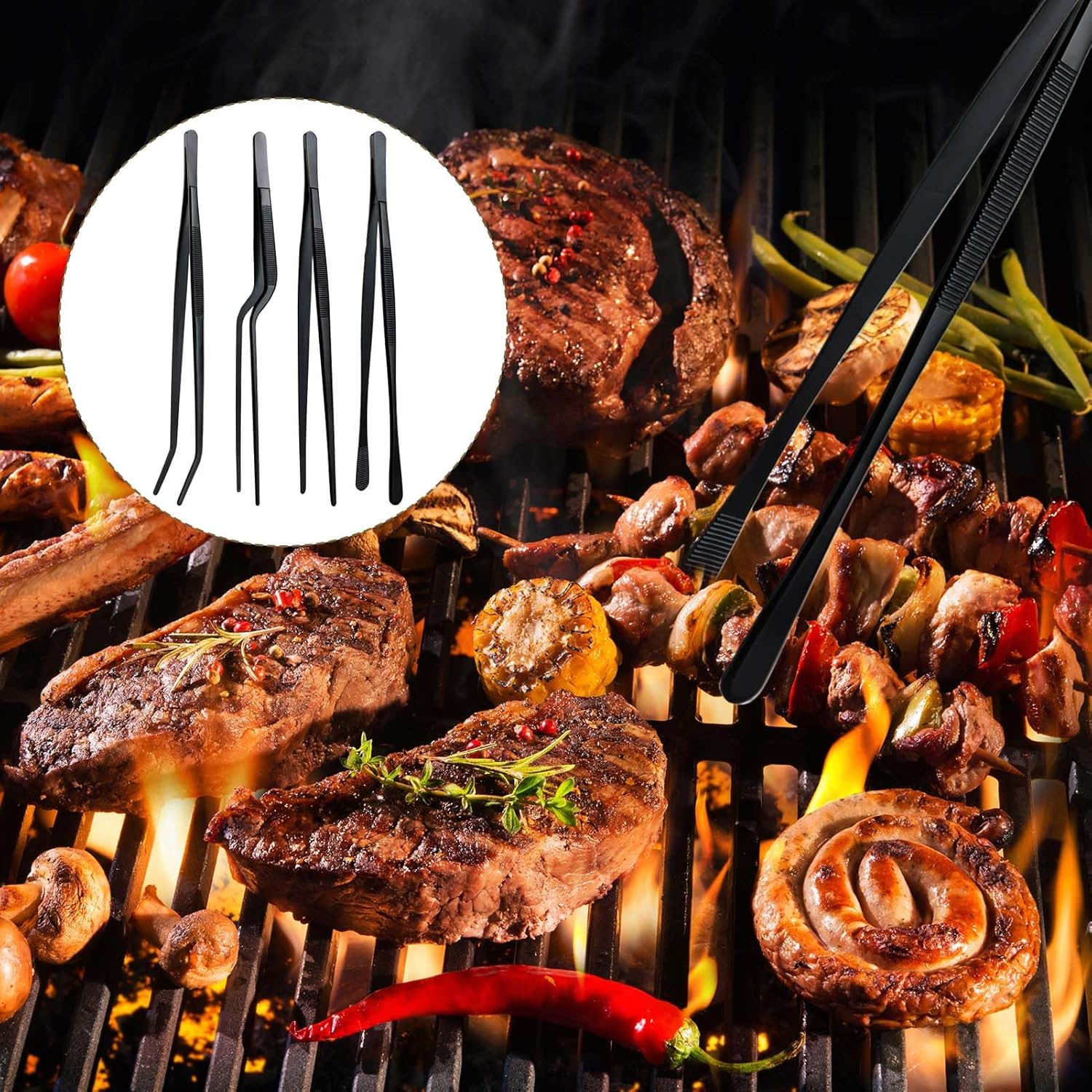 4 Pcs Kitchen Fine Tweezer Tongs Set, 12" Extra-Long Stainless Steel Food Tweezers, Professional Precision Cooking Tweezers for BBQ, Seafood, Baking, Garnishing & Repairing (Black) image number 4