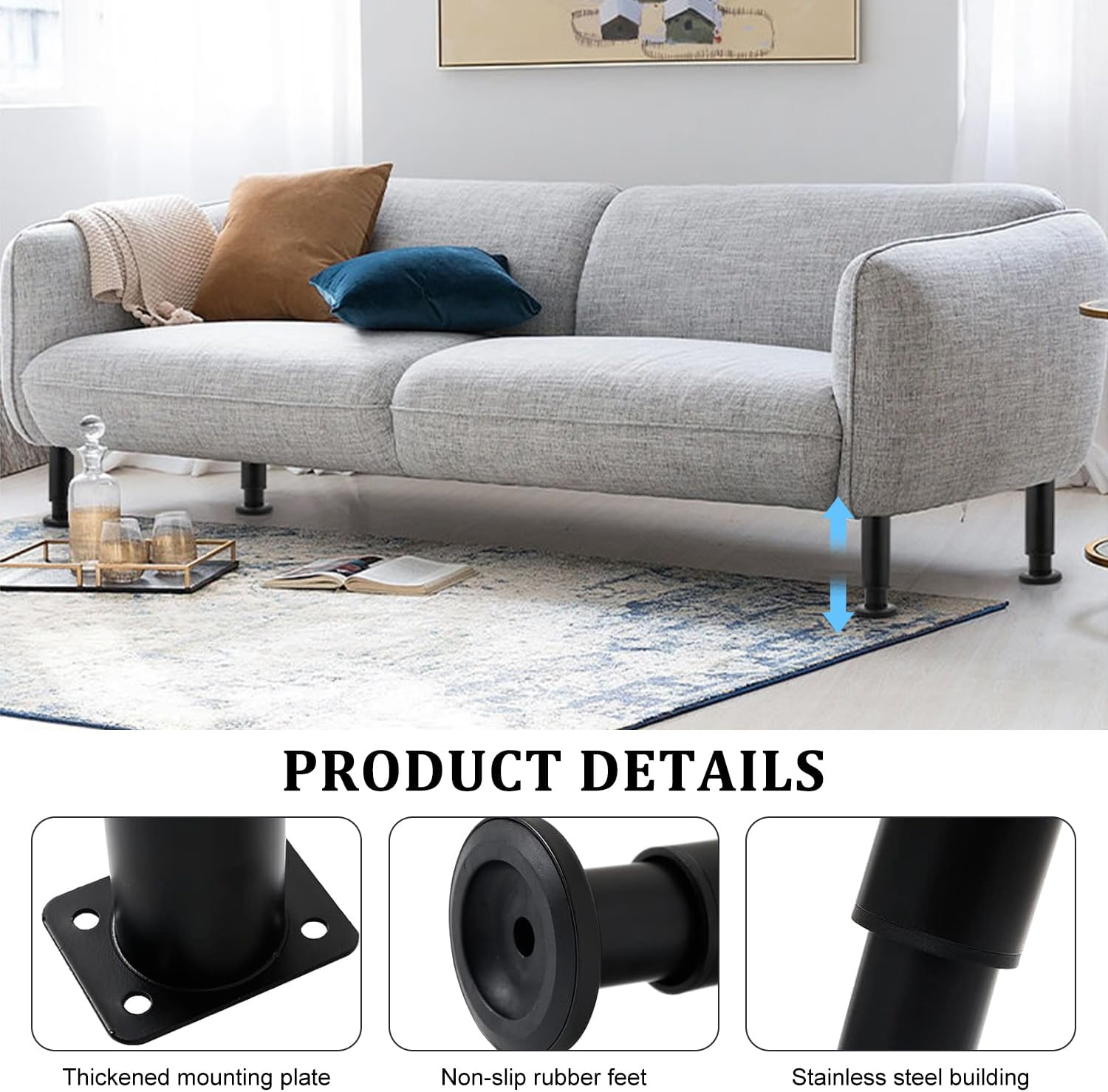 4Pcs Adjustable Height Bed Support Legs, Retractable 18-30CM Furniture Support Leg, Metal Heavy Duty Furniture Replacement Legs with Screws and Screwdriver, for Sofa, Bed, Closet Etc. image number 6