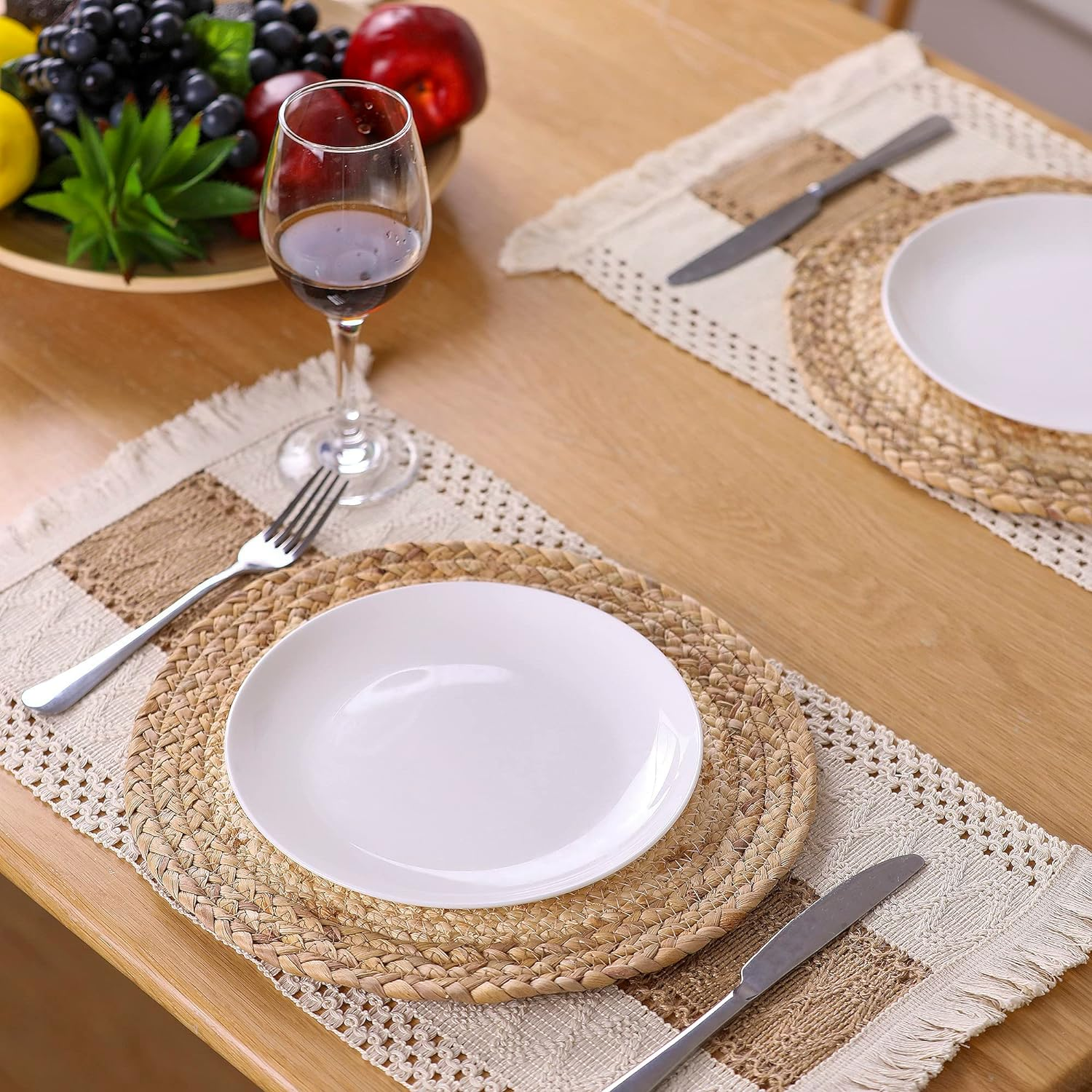 Handmade Boho Placemats Set of 6 - Natural Cotton Burlap and Water Straw Woven Combination Table Mats, Macrame D&eacute;cor and Farmhouse Style Placemats, for Dining Table Kitchen image number 3