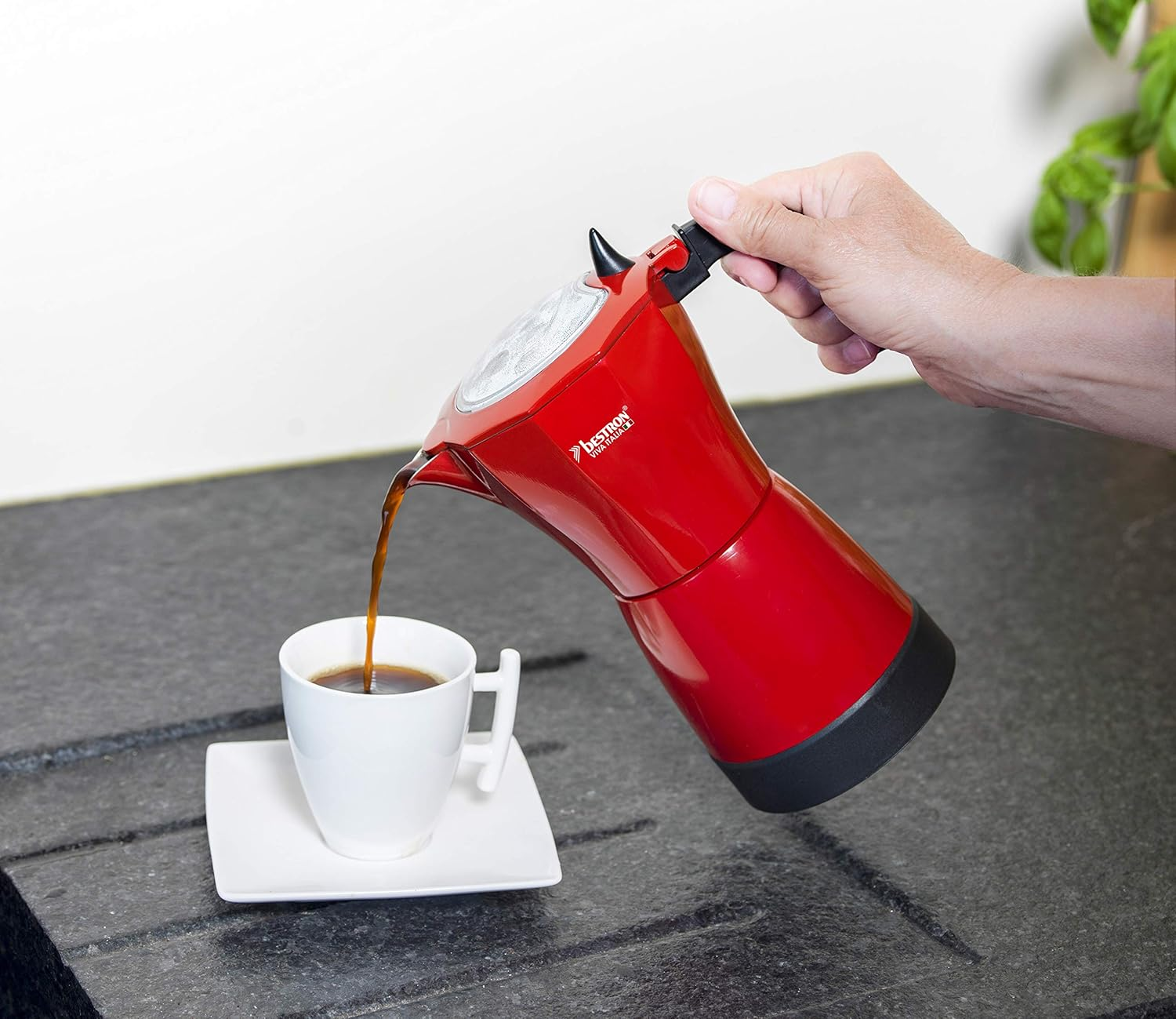 Bestron Viva Italia Electric Espresso Maker with Base, Holds 6 Espresso Cups: 180 Ml, 480 Watt, Aluminium, Red