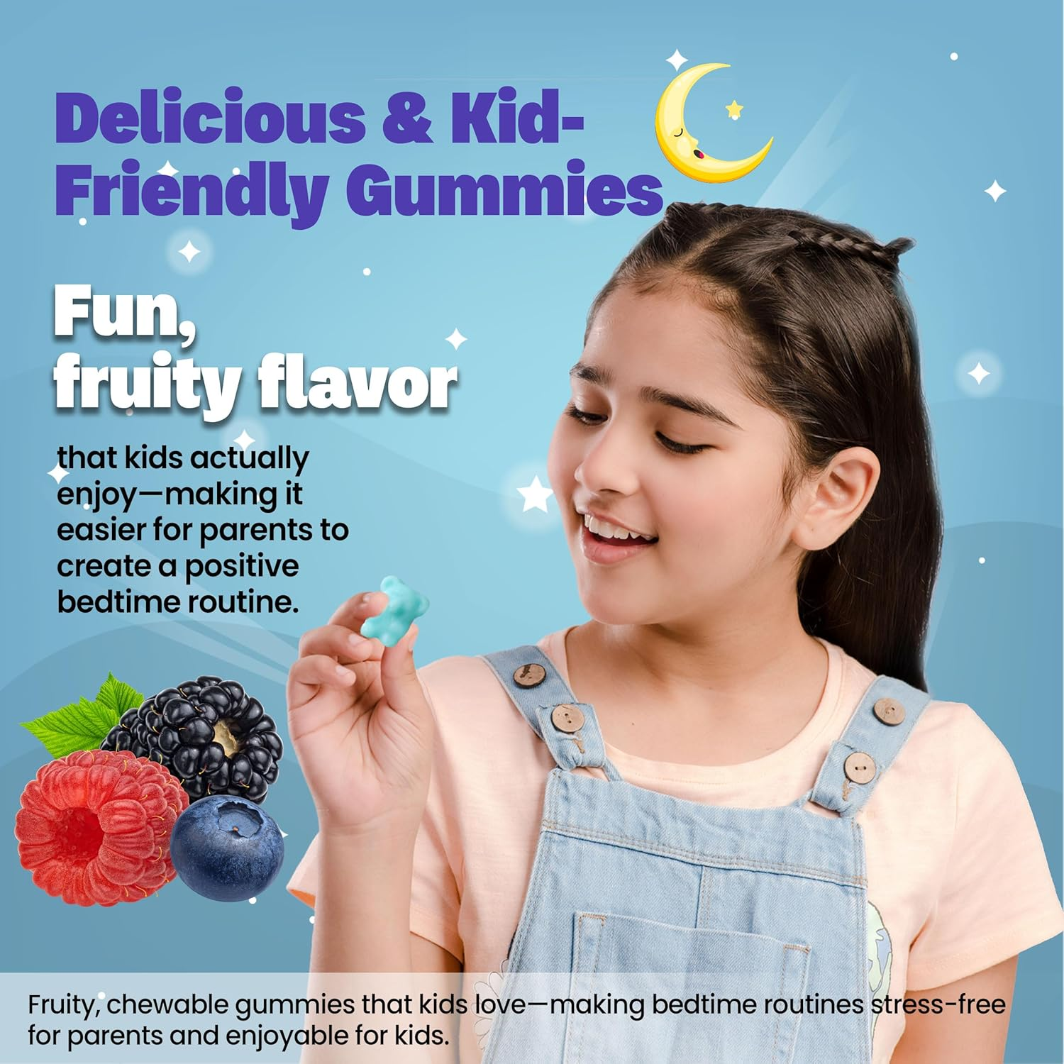 Bed Time Gummies for Kids with Magnesium Lemon Balm Chamomile Extract Glycine Chewable Sleep Supplement |Restful Sleep| |Calm Mood| Vegan 60 Gummies |Berries Flavour| (60 Gummies, Mixed Berry)