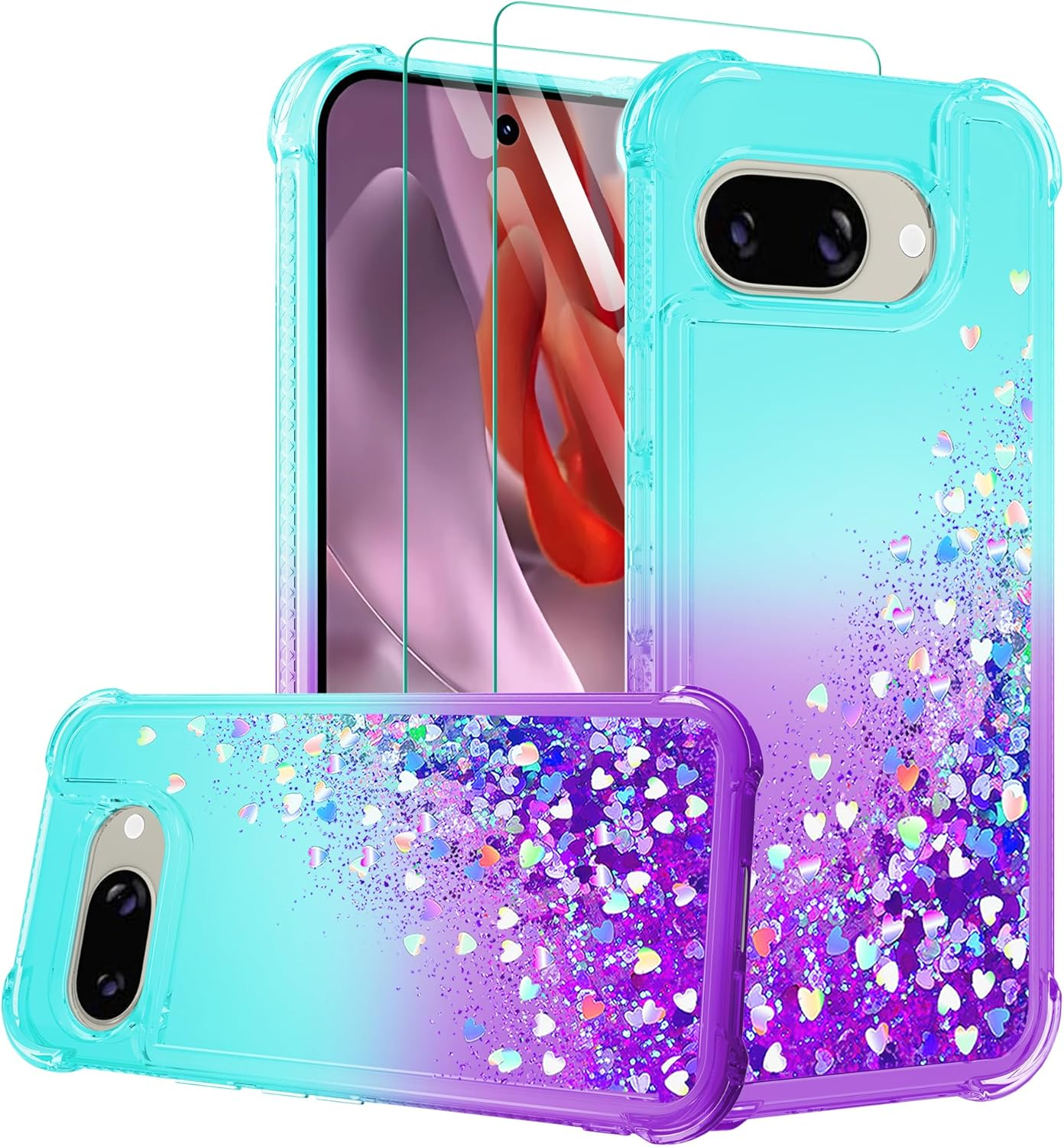 For Pixel 6 Pro Phone Case with Screen Protector*2, Clear Liquid Sparkle Glitter Floating Quicksand Phone Case, Soft TPU Bumper Shockproof Protective, Google 6 Pro Case for Women Girls, Pink/Blue