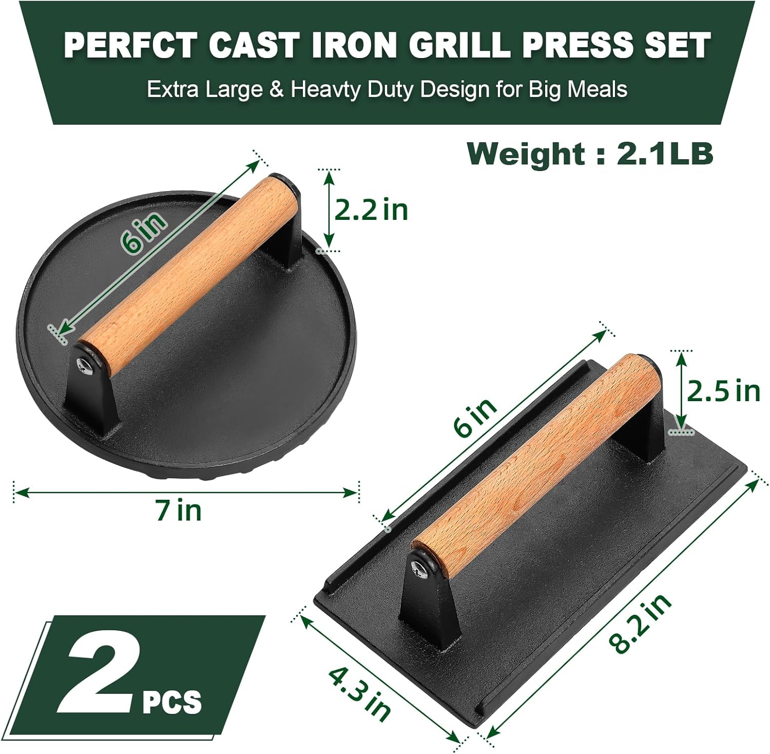 CEKEE Burger Press round & Rectangle, Heavy-Duty Cast Iron Grill Press with Wood Handle, Smash Burger Press Perfects for Blackstone Griddle, Flattops, Grills, Camp, Chef - Blackstone Accessories image number 6