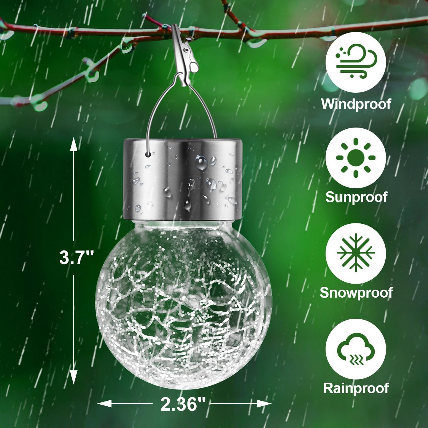 Solar Outdoor Lights Decorative 4 Pack, Hanging Solar Garden Lights Waterproof, Solar Powered Globe Cracked Glass Ball Lantern for Yard Patio Fence Tree Umbrella Holiday Decoration,(Cold White) - Cold White image number 4