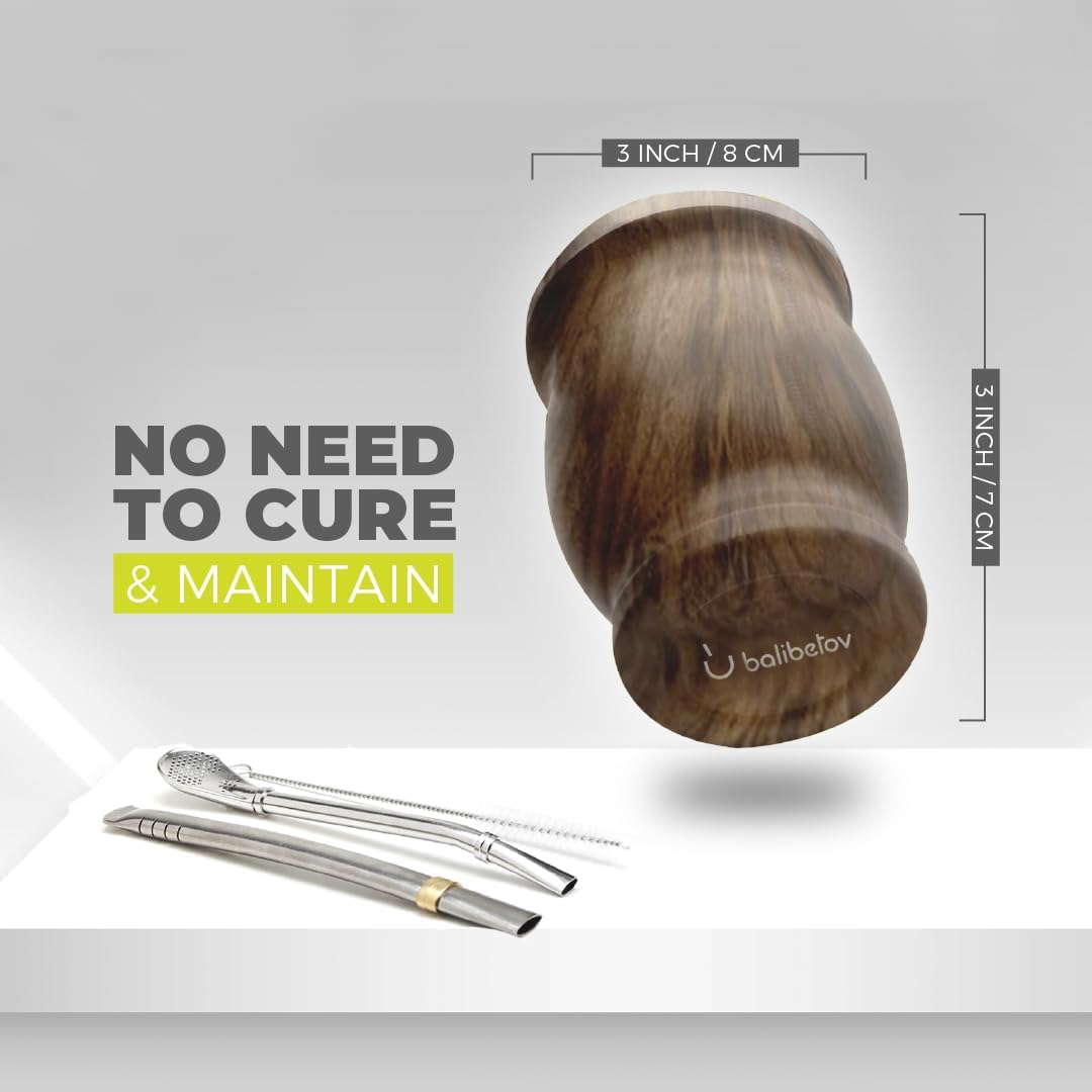 BALIBETOV Mate Cup and Bombilla Set - Yerba Mate Set Includes One Yerba Mate Cup, Two Bombilla Mate (Straw) and Brush - Stainless Steel Double-Wall | Easy to Clean Yerba Mate Gourd (Wood) - Black image number 3