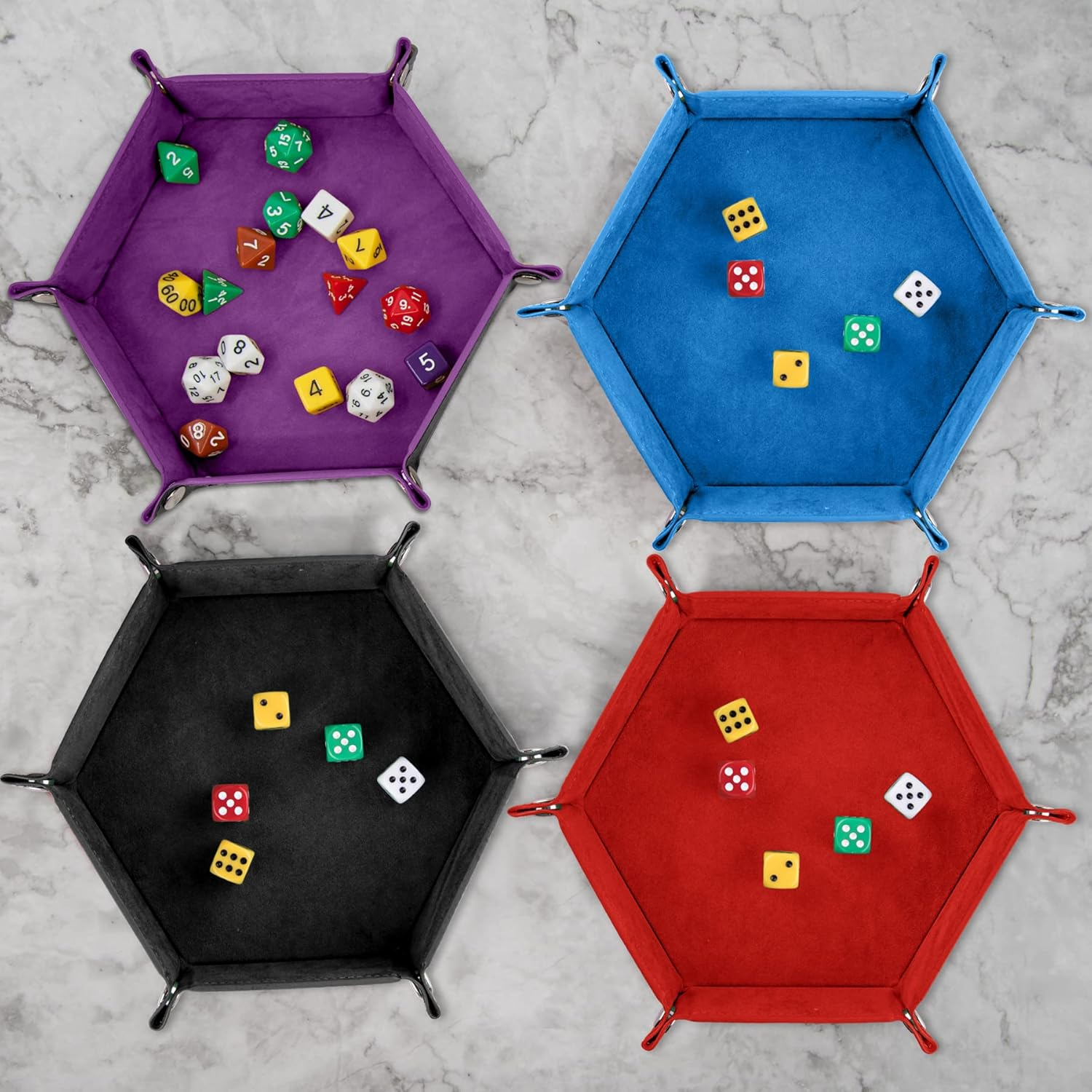SIQUK 6-Piece Hexagon Dice Tray Set - Folding PU Leather Dice Trays for RPG, DND & Table Games (Red, Blue, Violet, Black, Green, Yellow) image number 2