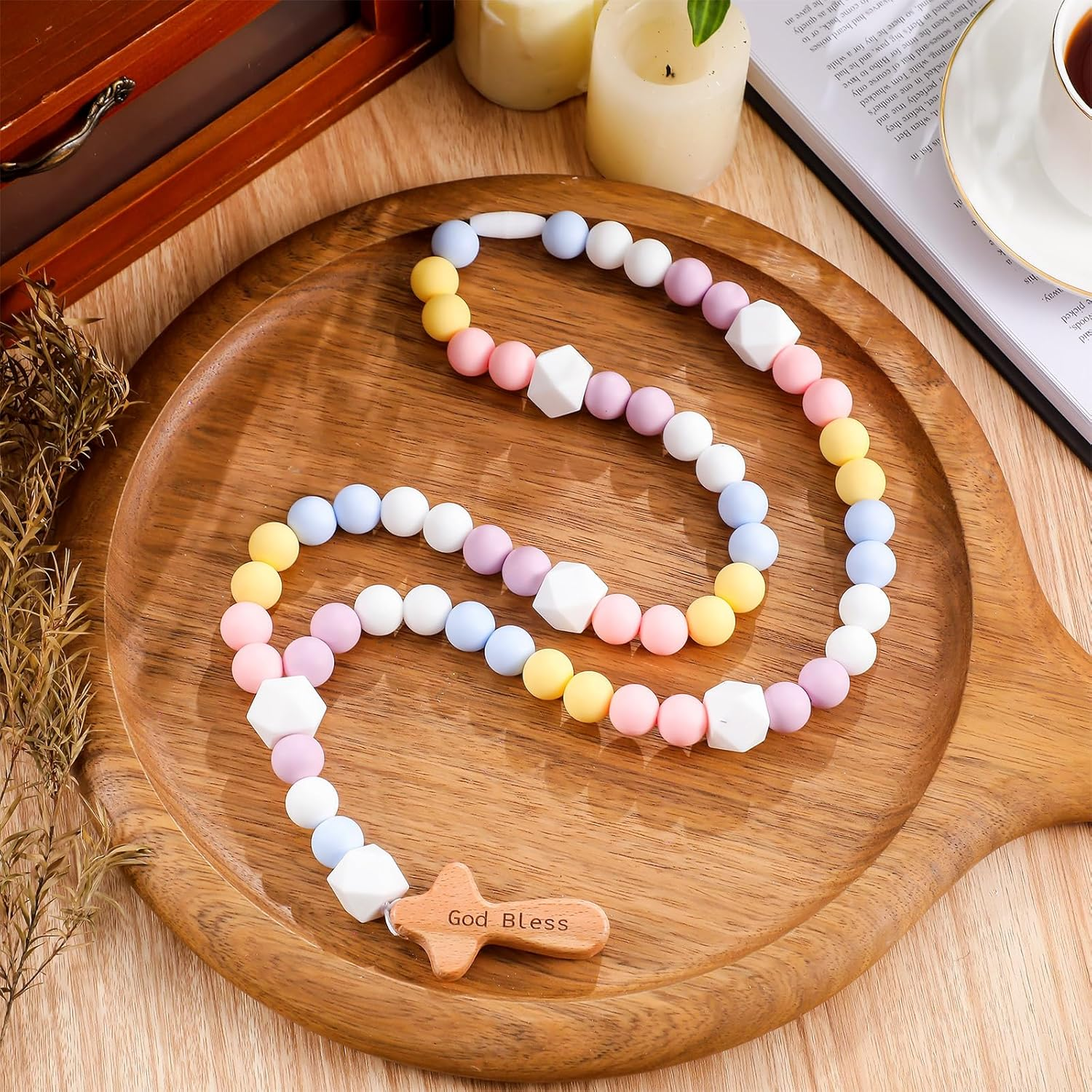 Misdary Baby Rosary Baptism Gift Silicone God Bless Kids First Rosary with Cross 1St Year Baptism Party Supply for Baby Shower Christian Communion Gifts (Multicolor,Square) image number 6