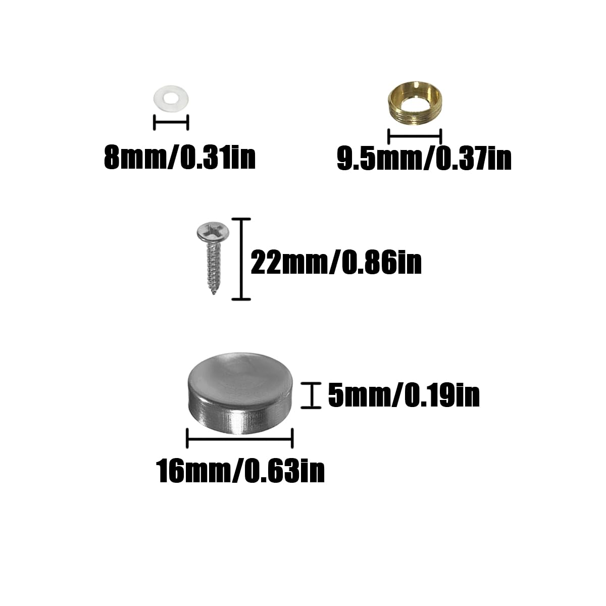HAIKING Mirror Screws, 8 Sets Screw Covers Decorative Caps for Mirrors, Tables, Bathroom, Glass Signs (16 Mm/0.62 In)