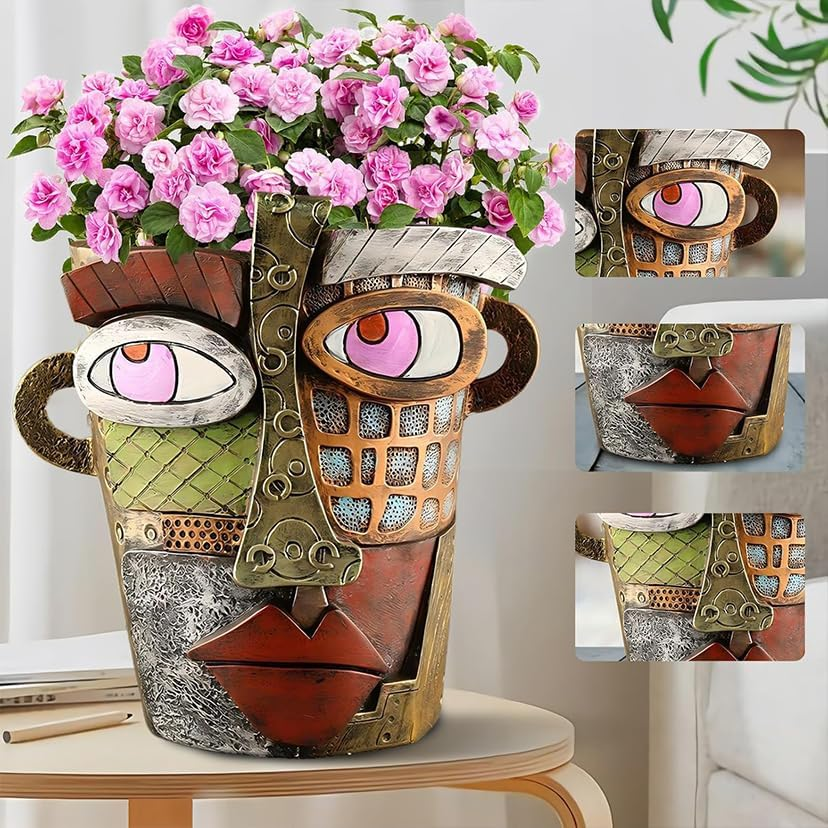 Picasso Brutalist Abstract Face Planters Pots Head, Unique Abstract Flower Pot, Funny Planters Decoration Flower Resin Face Flower Pot for Indoor and Outdoor Plants Colorful Funny Room Decor (Retro) image number 1