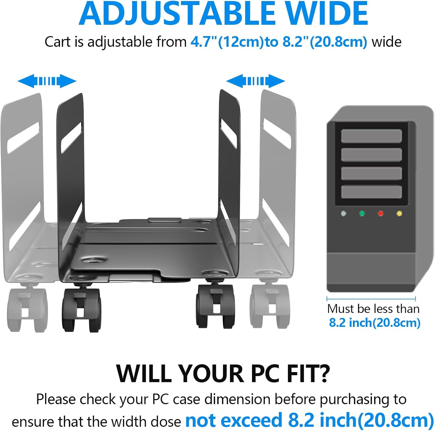AGPTEK Adjustable and Lockable CPU Stand, Computer Tower Stand Adjustable Width from 12Cm to 20.8Cm with 2 Locking Wheels and 2 Caster Wheels, UPC Steel Rolling Stand Computer Stand for Desktop Tower image number 1