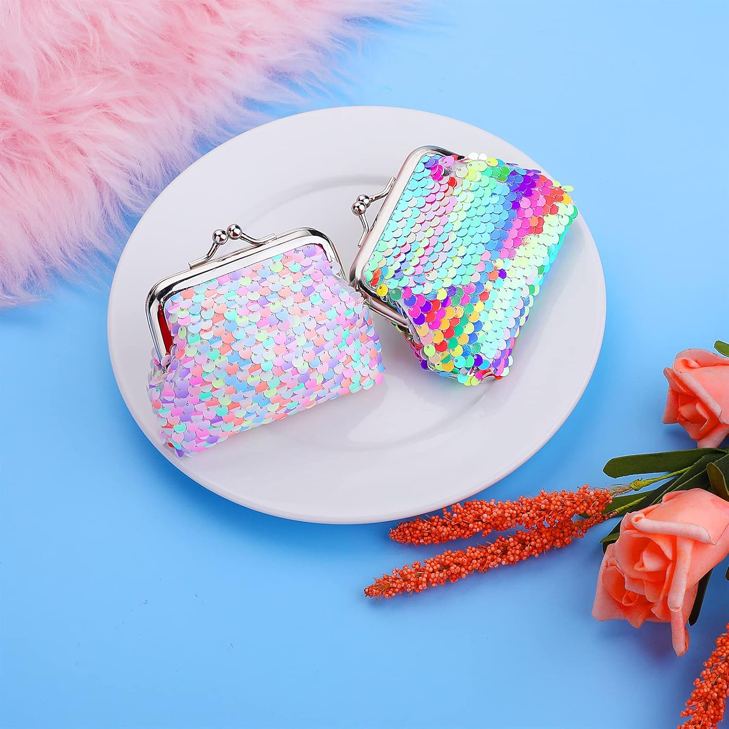Prasacco 2 Pcs Sequin Coin Purses Reversible Sequin Mini Wallet with Kiss-Lock Closure Colorful Change Coin Purse Bag Handbags for Kids Girls Women Party Favor, Assorted, Colorful image number 1