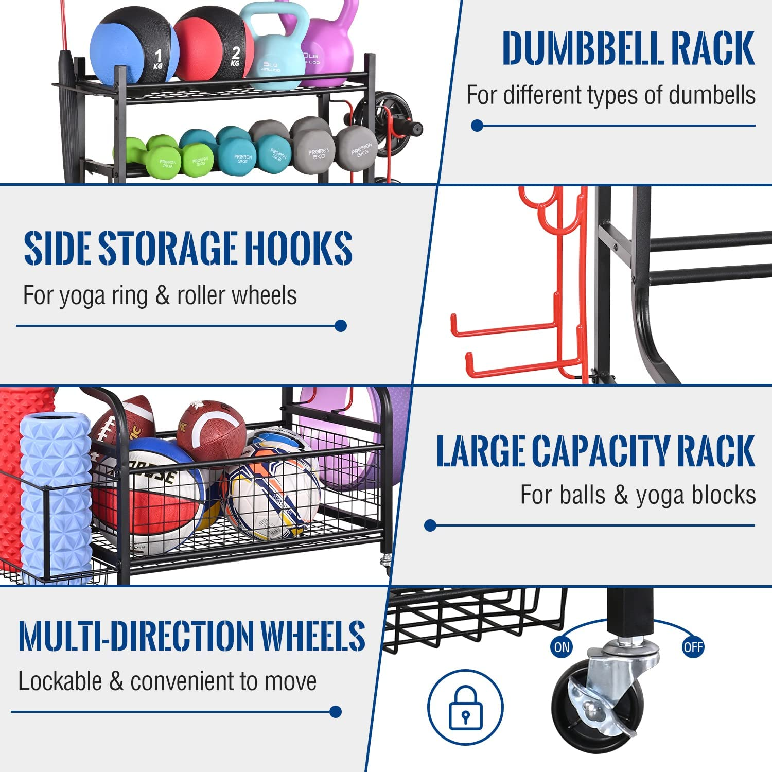 Mythinglogic Dumbbell Rack, Home Gym Storage, Weight Rack for Dumbbells, Yoga Rack, Kettlebells and Yoga Mat Storage, Gym Storage Rack with Wheels and Hooks, Workout Equipment Storage for Fitness And image number 4