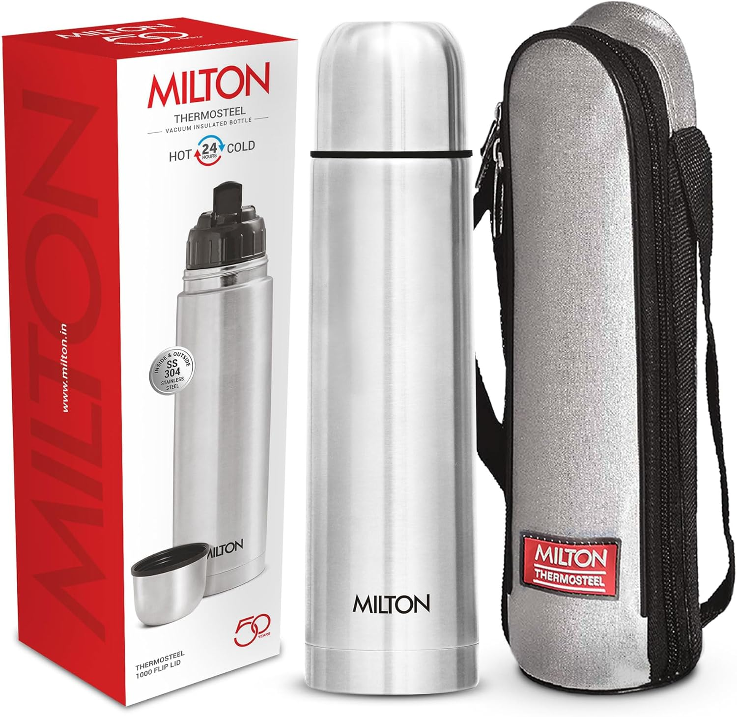 Milton Vacuum Flask for Hot Drink 1 Litre (34 Oz), Stainless Steel Double Walled Insulated Water Bottle for 24 Hour Hot and Cold Drinks with Cover, Leak Proof, BPA Free, Thermosteel Flip Lid 1000 Ml image number 1