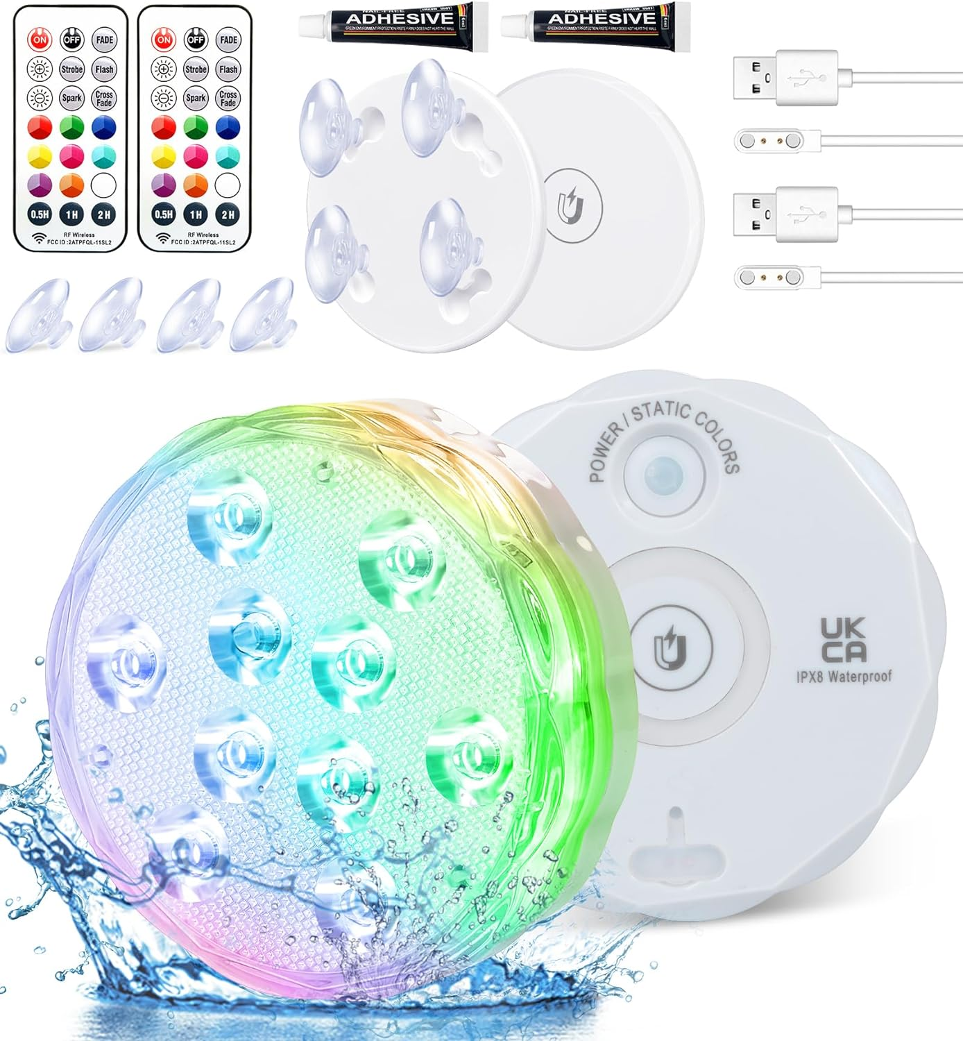 Rechargeable Magnetic Submersible Led Lights - RGBW Lights Remote Controlled Color Changing Waterproof Led Bathtub Lights for Hot Tub Pond Pool Fountain Aquarium Vase (2 Pack) image number 6