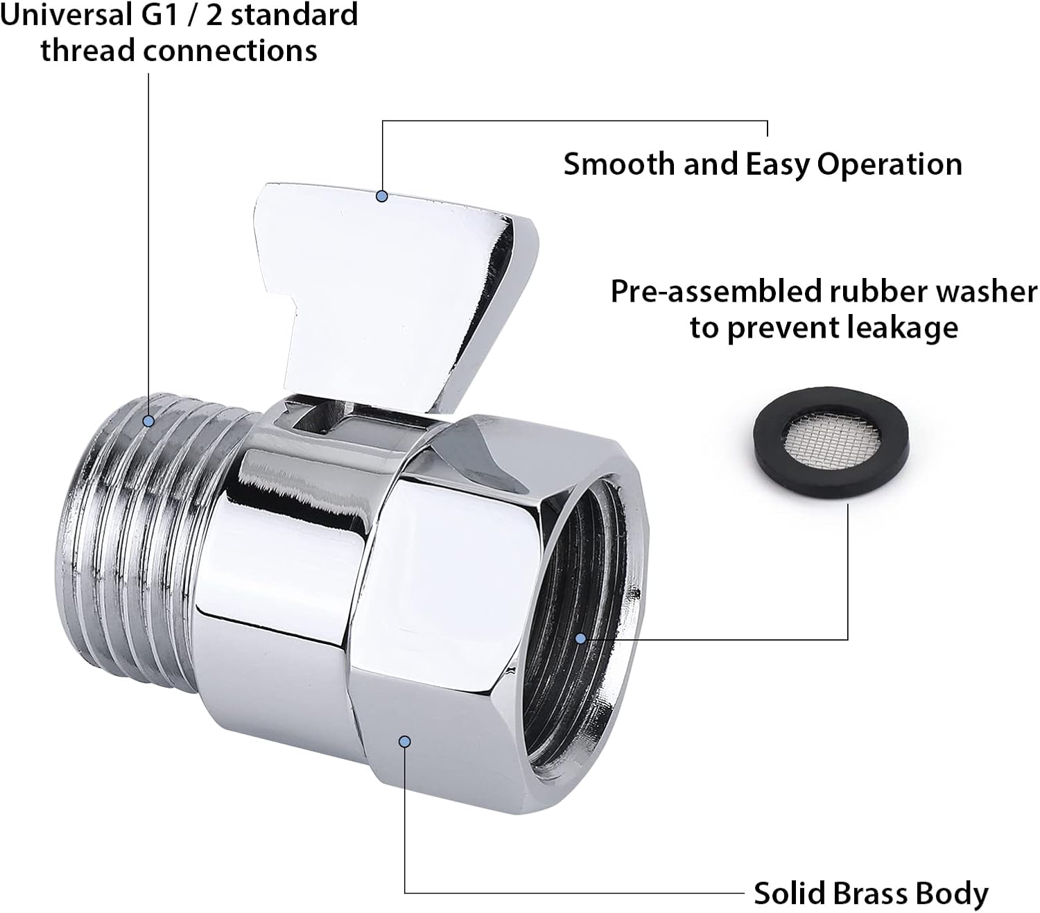 Shower Shut off Valve Shower Head Flow Restrictor Shower Flow Control Valve Brass Shut off Valve for Handheld Shower, Chrome image number 5