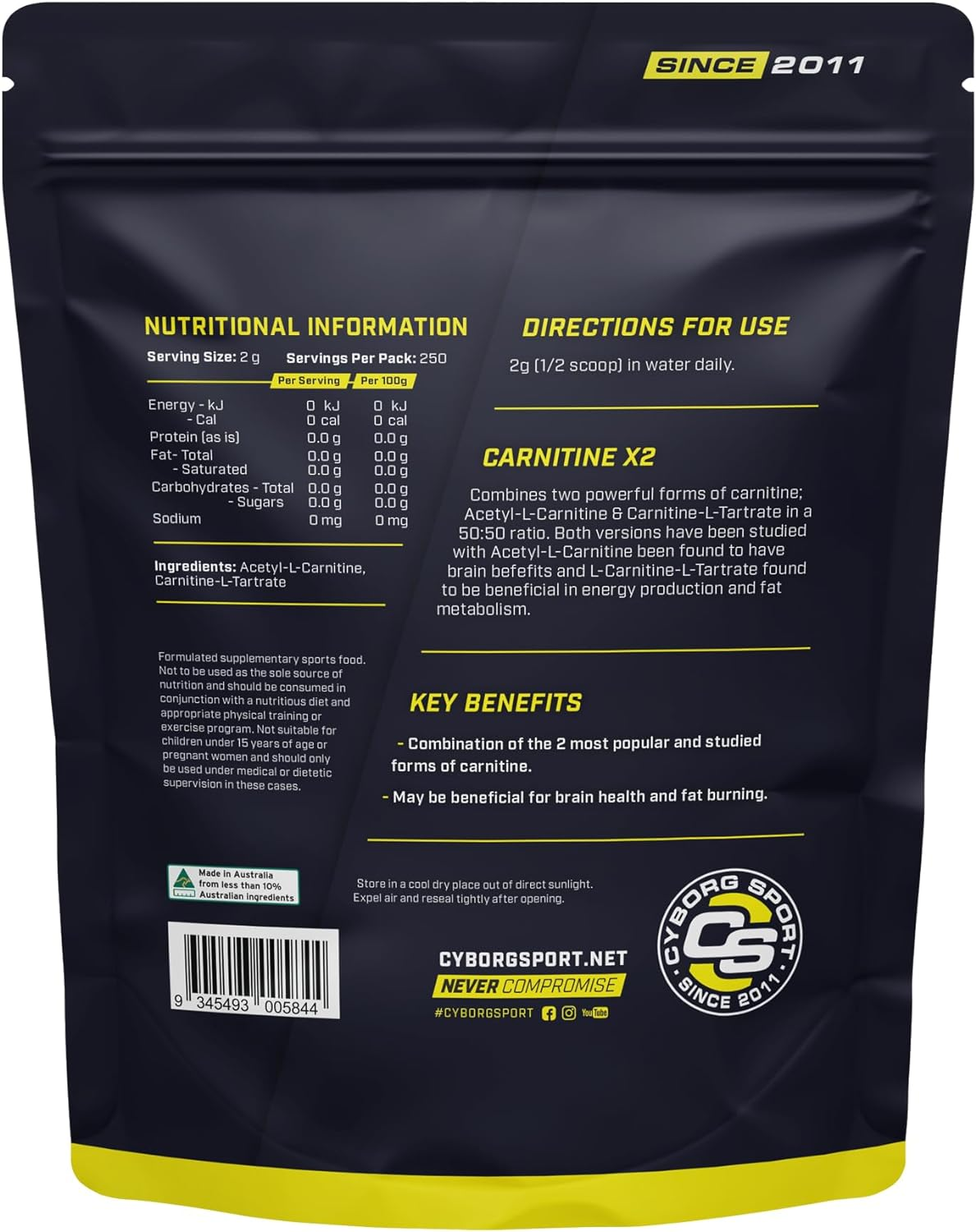 CARNITINE X2 1Kg - 500 Servings - "Acetyl-L-Carnitne & Carnitine-L-Tartrate" - Brain Health - Energy Production - Fat Burning by Cyborg Sport image number 2