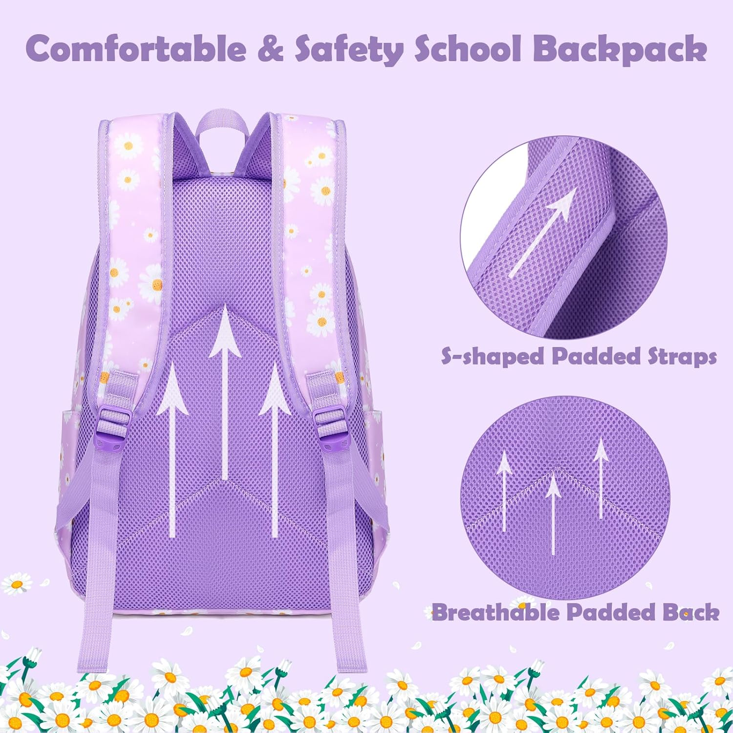 School Backpack for Girls, Lightweight Girls School Bookbag for Preschool Kindergarten Elementary School - Daisy Black image number 2
