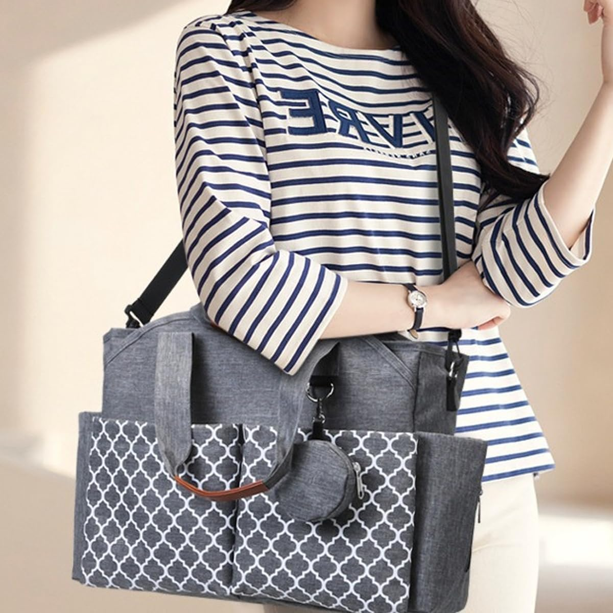 AIMALL Trendy Mummy Bag - Multi-Functional Hand-Held and Shoulder Canvas Bag with Pacifier Pouch, Ideal for Mother and Baby Travel, 18" W X 11.4" H X 5.5" D image number 4