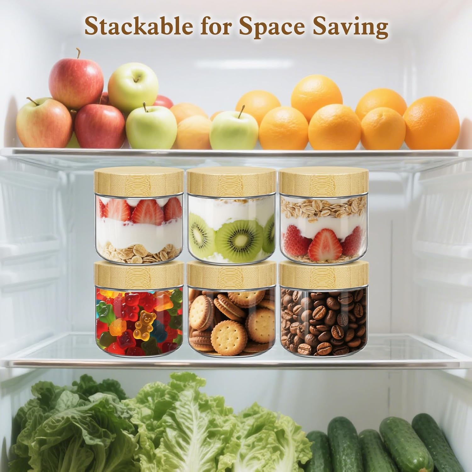 UHAPEER 6 Pack 10Oz Glass Containers with Bamboo Lids: Stackable & Leak-Proof Glass Overnight Oats Jars for Hot/Cold Foods, Travel Meals Prep & Plan, Pantry Storage (Dishwasher & Microwave Safe) image number 1