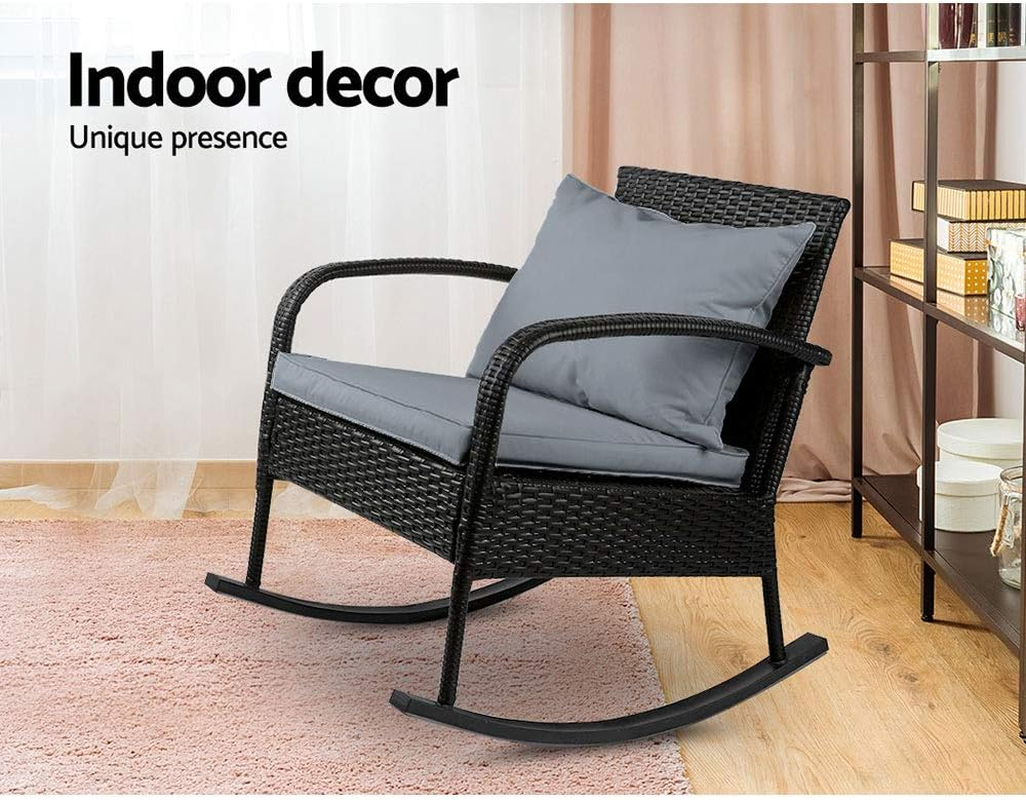 Gardeon Outdoor Rocking Chair Wicker Reclining Recliner, Patio Furniture Lounge Setting Conversation Set Backyard Garden Porch Indoor Pool, with Cushions Armrest Blackrest All-Weather image number 4