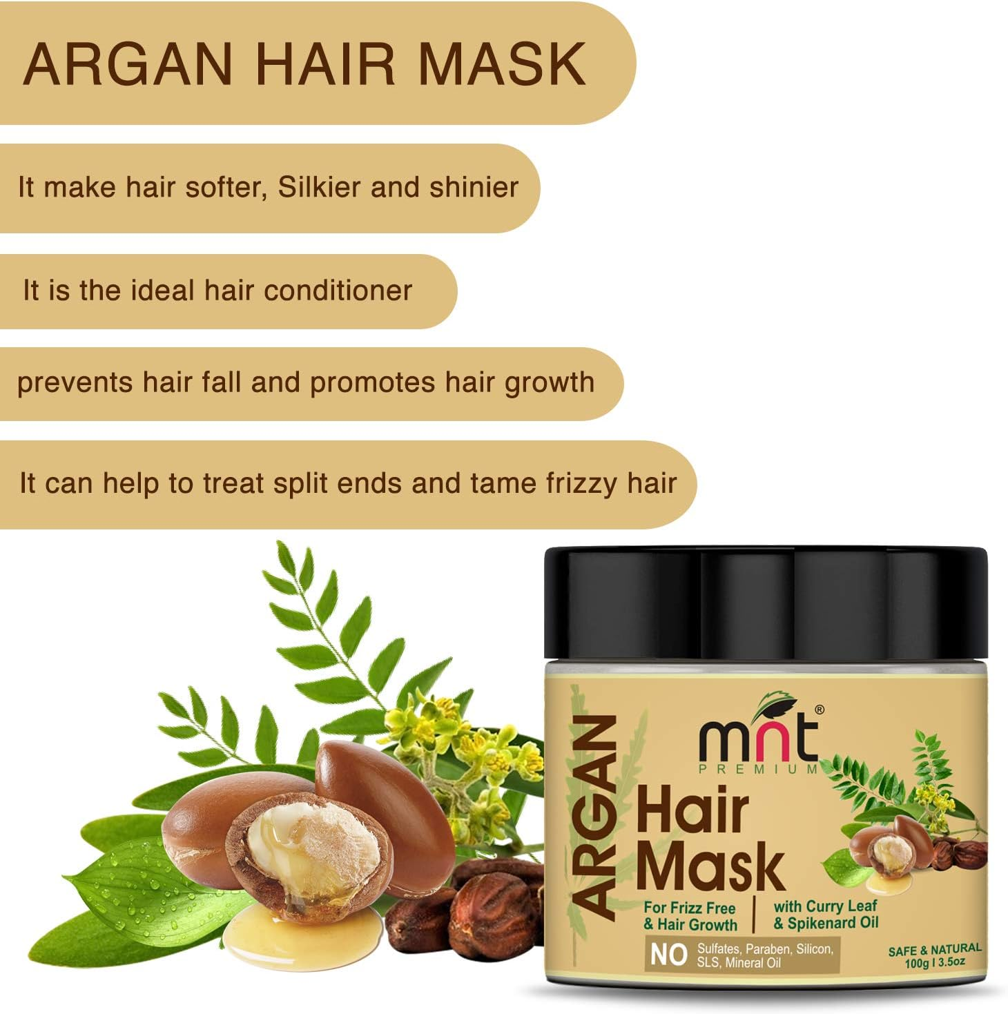 MNT Argan Hair Mask with Curry Leaf & Spikenard Oil for Hair Grow & Frizz Free Hair, 100G