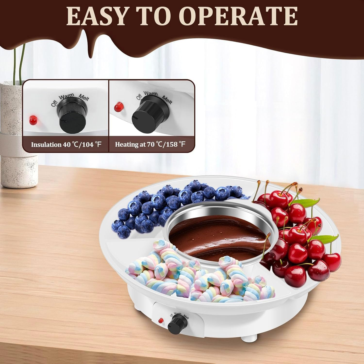 Electric Fondue Set with 4 Forks, Melting Pot for Cheese, Chocolate and Tapas, Electric Melter for Chocolate Melts, DIY Candy Maker for Dessert, Special Occasion, Birthday Party (White)