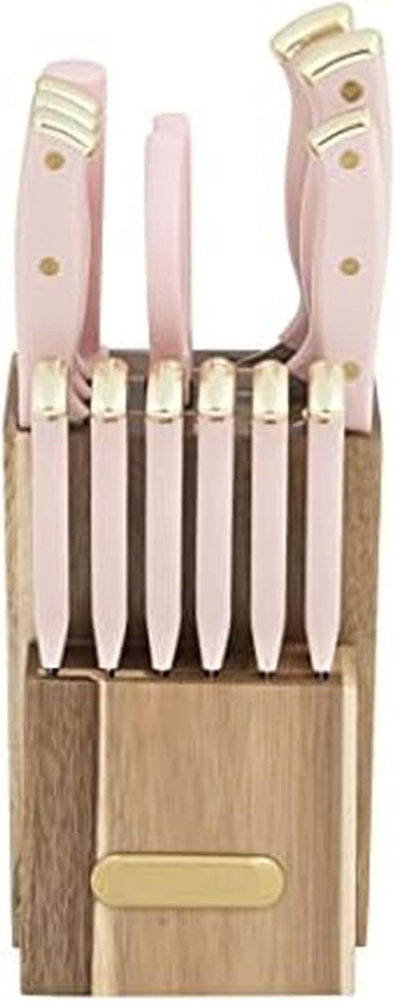 Farberware 15-Piece Triple Riveted Acacia Knife Block Set, High Carbon-Stainless Steel Kitchen Knives with Ergonomic Handles, Razor-Sharp Knife Set, Pink and Gold image number 1