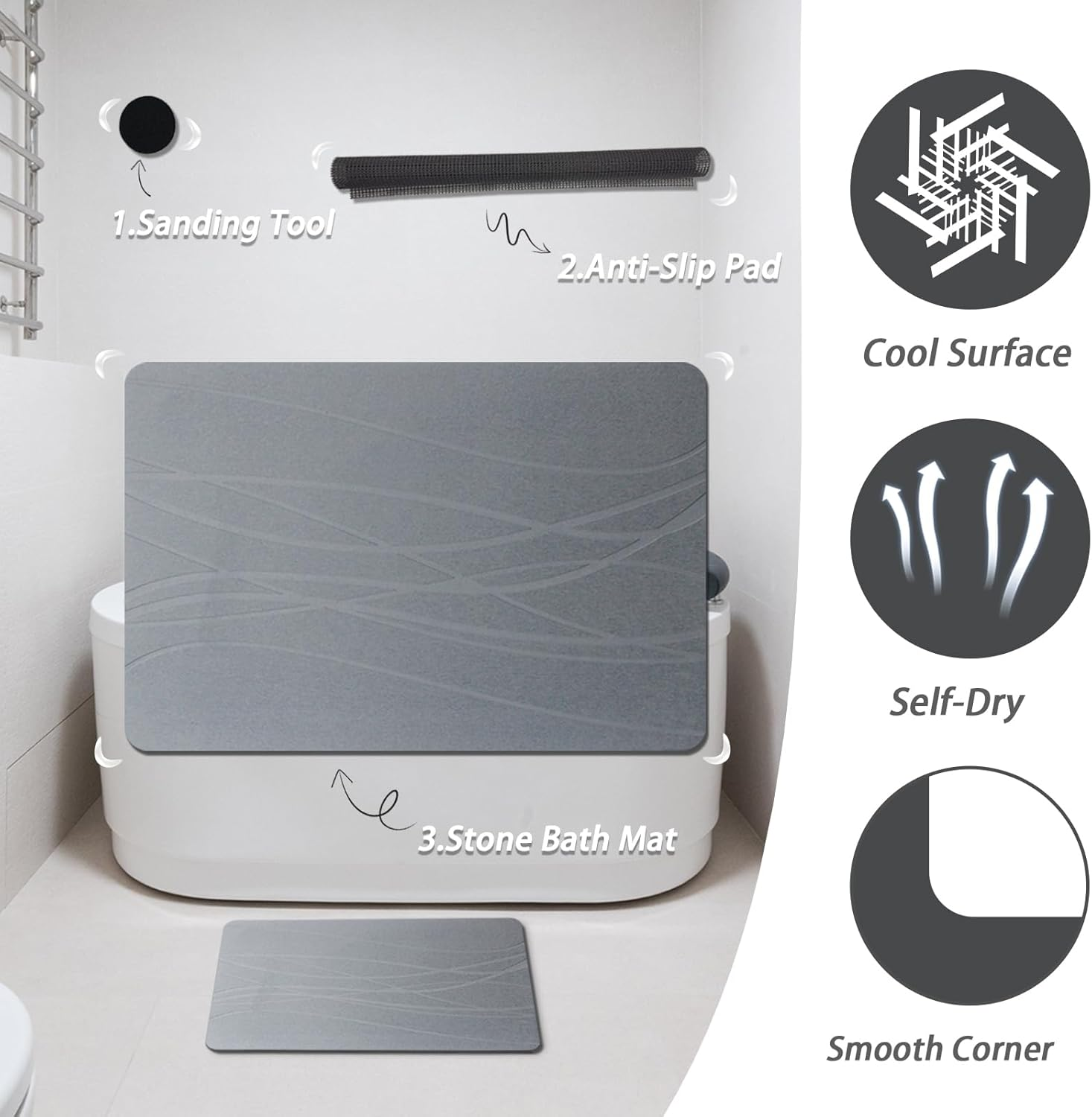 Enkis - Stone Bath Mat, Natural Diatomaceous Quick Drying Mat, 39 * 60CM Non-Slip Super Absorbent Quick Drying Diatomite Mat for Bathroom Shower Floor & Kitchen Counter (Sculptural Lines-Dark Grey) - Sculptural Lines-Dark Grey image number 4