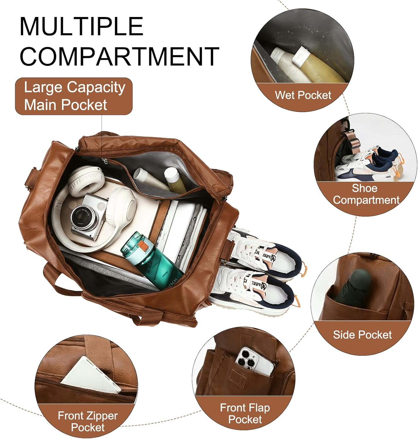 Small Leather Travel Bag with Shoe Pouch, Carry on Weekender Overnight Bag Waterproof Travel Duffel Bags Gym Bags for Men or Women, Brown image number 4