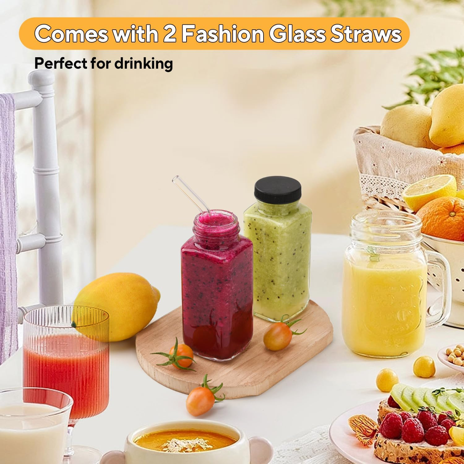 V&middot;Colokishi Pack of 6 250 Ml Square Glass Bottles with Glass Straws, Airtight, Durable, Versatile for Drinking, Food Storage, School, Outdoor, Crafts, On-The-Go