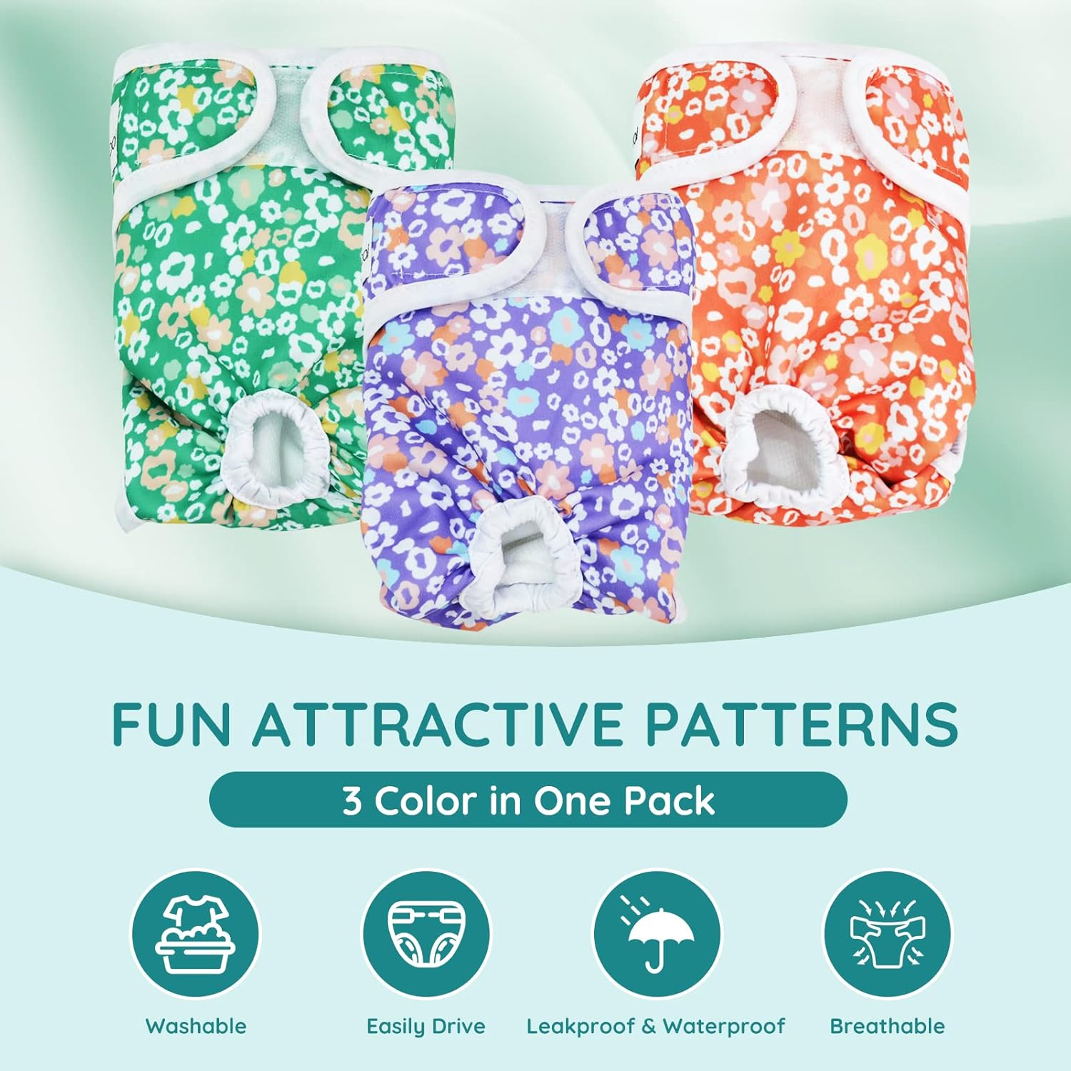 BELLA & PAL Washable Dog Diapers Female, 3 Pack Highly Absorbent Dog Diapers for Small Dogs, Leak-Proof Puppy Diapers for Female Dog in Heat, Period (XS (7-10" Waist), Pink& Purple& Green) - S (10 - 14" Waist), Natural Joy image number 5