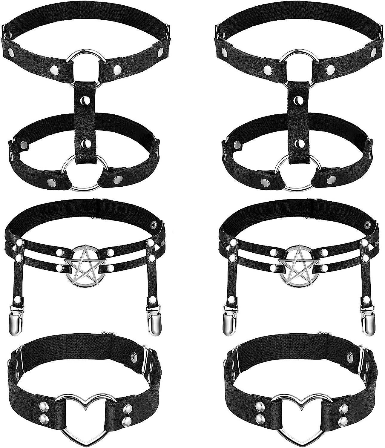 6 Pieces Adjustable Garter Belts with Anti-Slip Clips, Elastic Punk Thigh Ring Garter Star Shaped Leg Heart-Shaped Leg Ring 2 Rows Thigh Belt Suspender for Women, Black image number 5