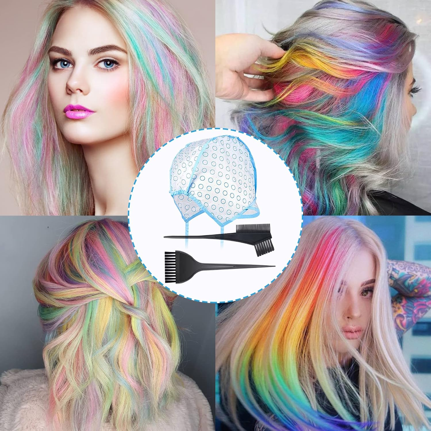 VEGCOO 17 Highlight Cap Hair Dye Accessory Set, Highlight Cap Hair Dye Caps with Dye Brush for Crochet for Salon and Home Hair Dyeing image number 1