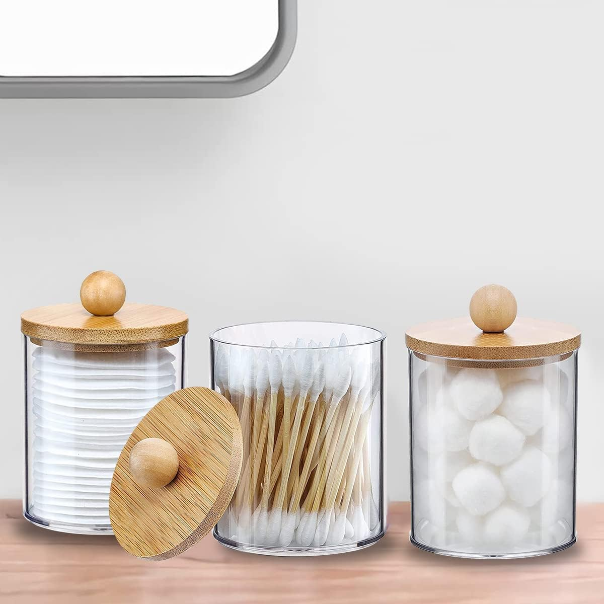 3Pcs Acrylic Qtip Holder Dispenser with Bamboo Lids Clearbathroom Jars with Tray Cotton Swab Storage Dispenser Reusable Bathroom Canisters Swab Ball Holder Dispenser for Makeup Cotton Swab Floss Pick image number 2