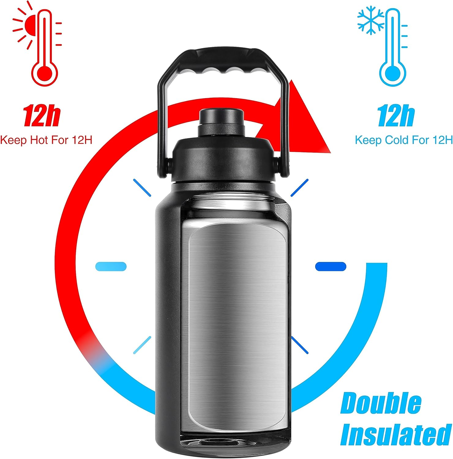 3L Insulated Water Bottle, Large 3 Litre Stainless Steel Water Bottle, Drink Bottle -Black- Double Wall Vacuum Insulated Bottles with Carry Handle - Keeps Drinks Hot or Cold for 12Hrs - for Gym, Camp image number 5