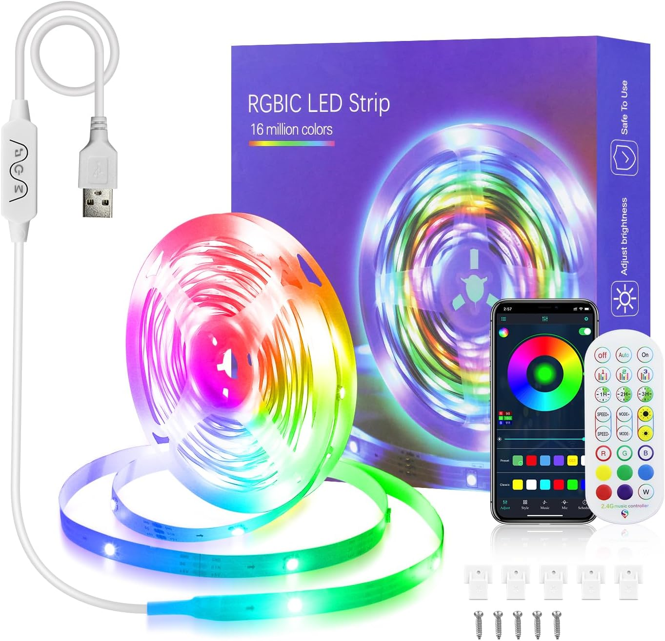 ALITOVE 5M RGB IC LED Strip Light 16 Million Colors Changing DC USB LED Light for TV Backlight with Music Sync Bluetooth APP Control LED Lights Strip for Bedroom Party Christmas Decor image number 4