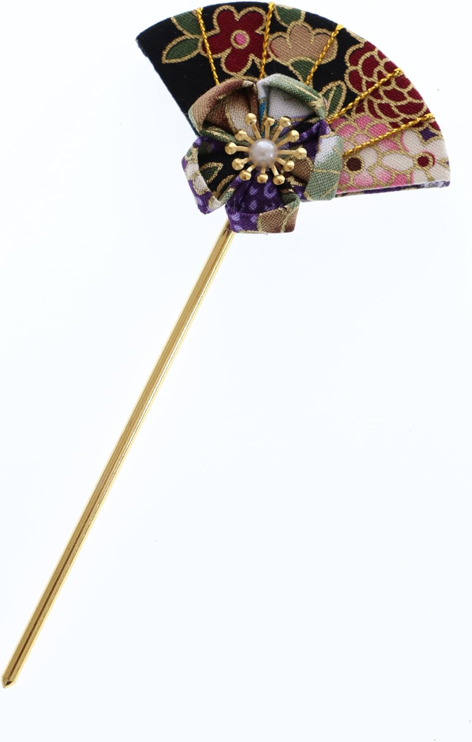 C-121-1 Black Colourful Hair Pin Fan Shape Pin Hair Pin Fabric Flower Sakura Japan Geisha Kimono Accessory image number 4