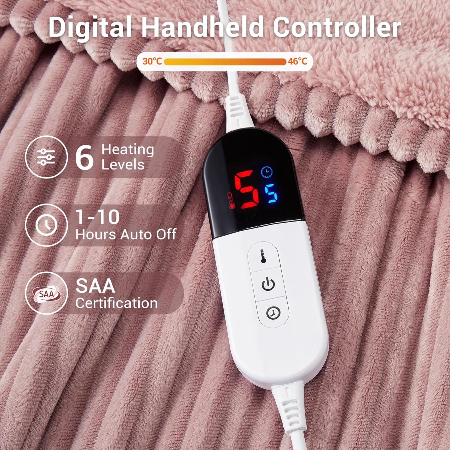 Electric Throw Blanket 130X160Cm, Thick Ribbed Flannel Heated Blanket, Heated Throw Blanket with 6 Heating Levels, 10 Time Settings, SAA Certified & Machine Washable Throw Rug, Pink