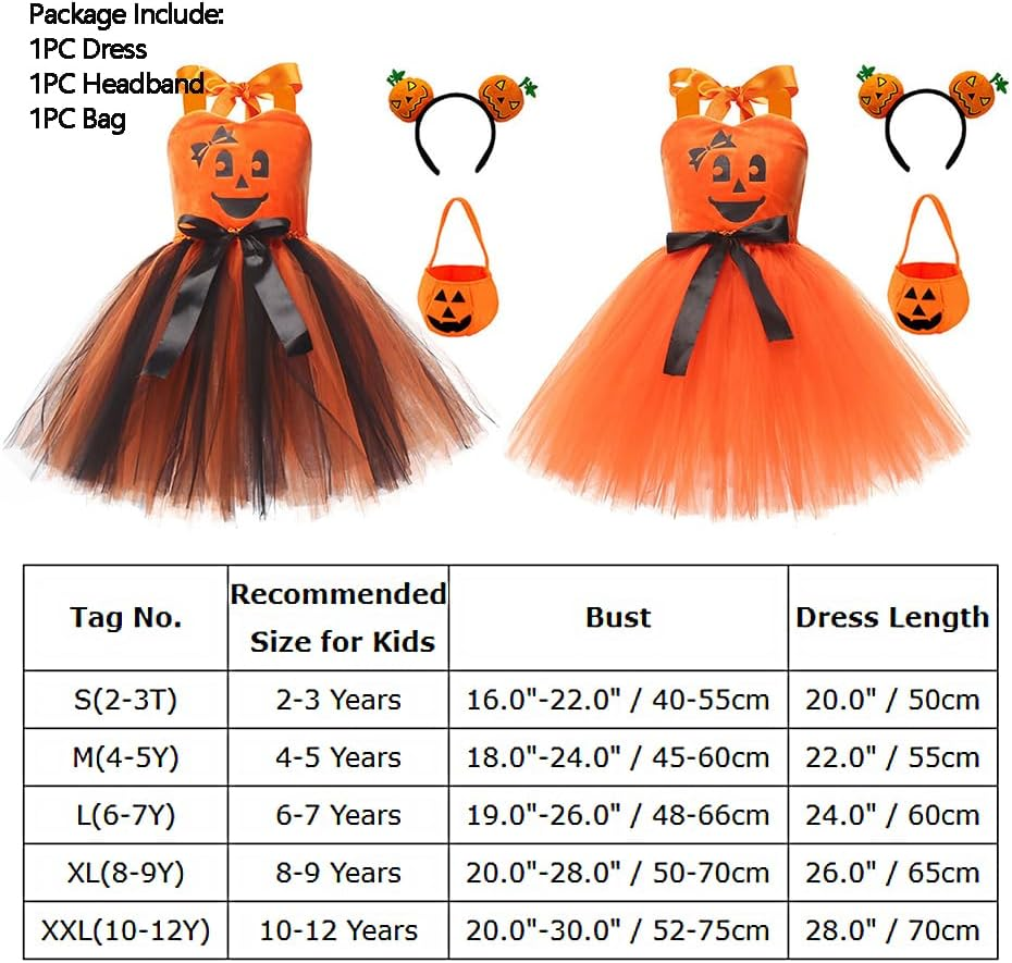 IDOPIP Halloween Pumpkin Costume for Kids Girls Princess Party Dress up Cosplay with Headband and Bags for Photo Shoot 2-12T