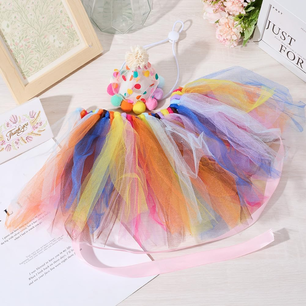 CREATCABIN 2Pcs Dog Princess Costume Mini Pet Party Hats Colorful Polyester Puppy Cats Lace Tutu Christmas Pompom Ball Hat Bow Tie Outfit for Pets Birthday Parties Decorations Set Accessories image number 4