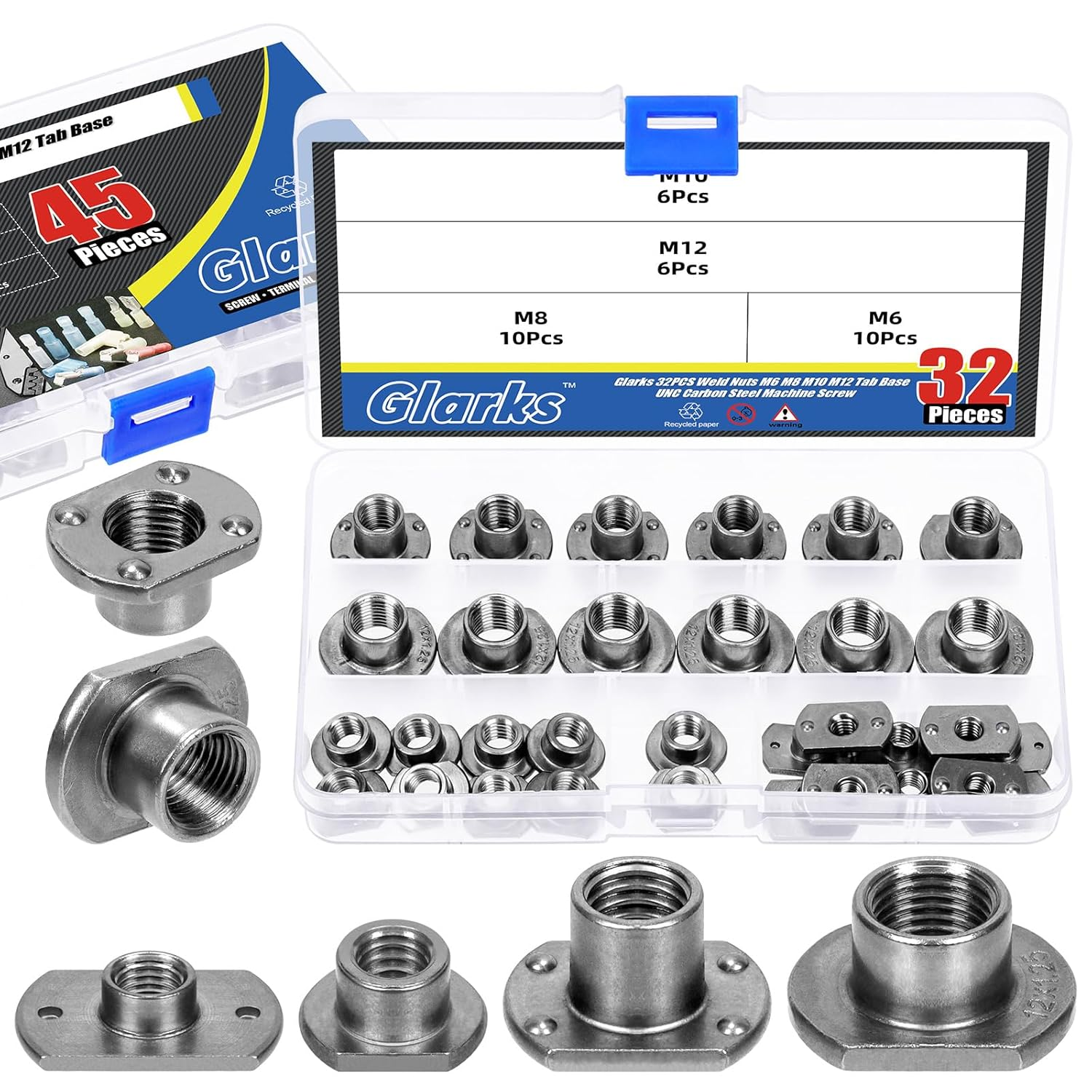 Glarks 32Pcs Weld Nuts Set, M6 M8 M10 M12 Tab Base UNC Carbon Steel Machine Screw T-Nuts 2 Projection 4 Projection for Furniture Vehicles Caster Industry Machine image number 6